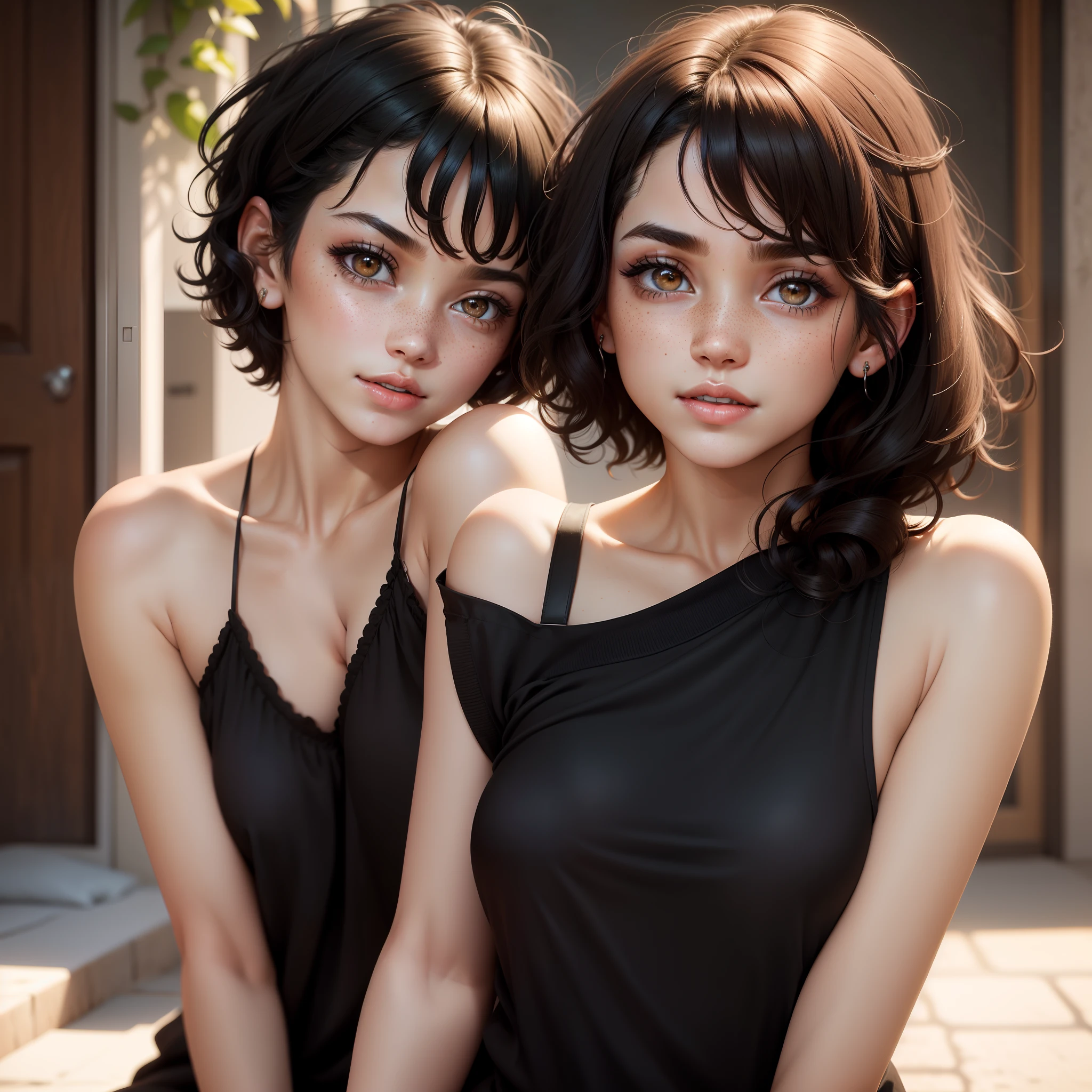 A beautiful girl with black curly short hairs and brown eyes and freckles on her nose hd realistoc wear a sareee in black colur
