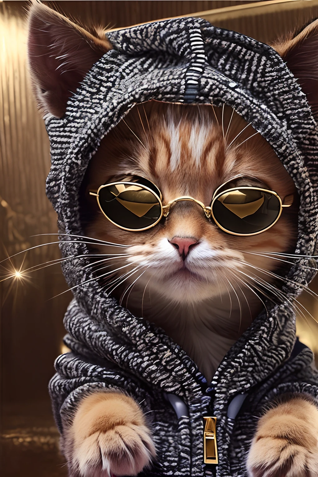 (FashionMagCover:1.5),Kitten in a hoodie, Fashion kitten, Kitten clothing is stylish and elegant, Gold accents,Glamour, stage lighting,Take photos at concerts, Inky sunglasses,rock star,Decorative punk,shimmering jewelry,8K, High quality, Masterpiece, Best quality, k hd, Extremely detailed, voluminetric lighting, Photorealistic