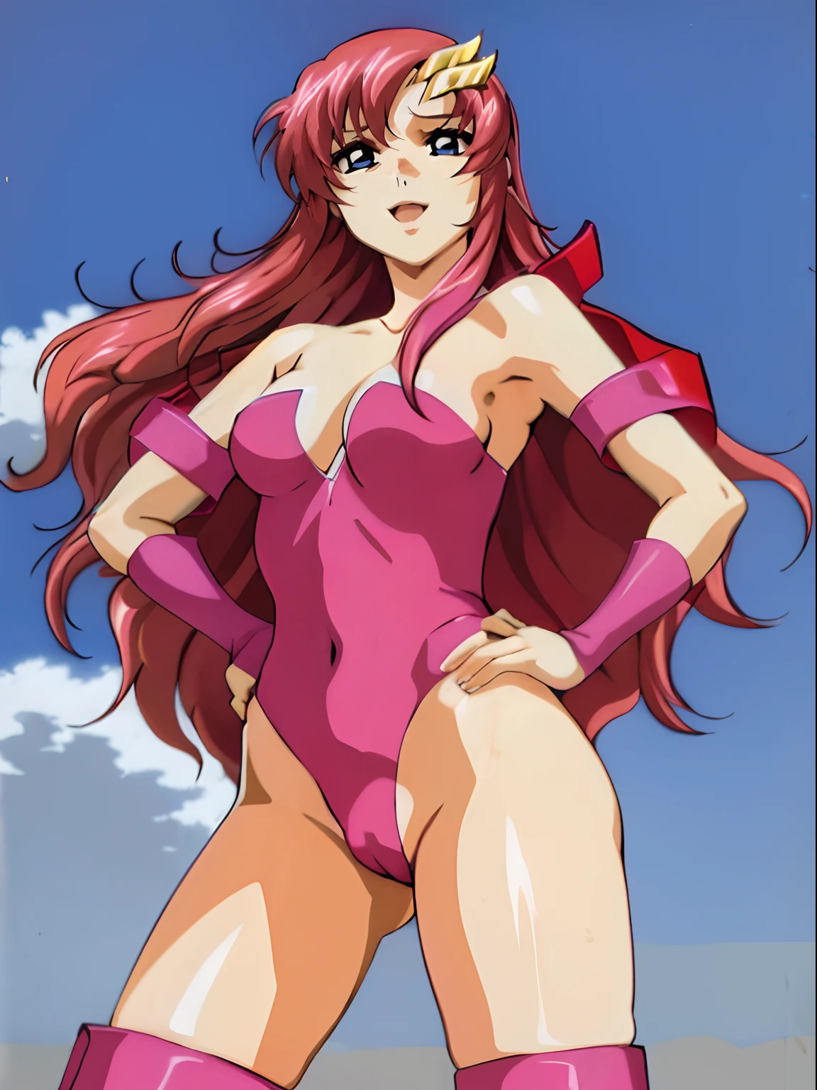 (masterpiece, 4K, Best Quality, Anime style: 1.9, bold drawing lines, High color saturation, Detailed face, tall, Adult Woman, lovely, (cloud background), Drawing lines, high resolution, Anime, lacus4), 1girl in, Solo, curvy figure, Long hair, 鎖骨, scapular, Wavy Hair, Detailed wide hair bangs, Hair Ornament, Detailed reddish-pink hair, cleavage, large hands, Big blue eyes, Smile, closed mouth, Very confident, ((closed fists)), (laughing, open mouth), ((medium breasts)), ((pink strapless wrestling leotard only), (wrestling long boots), bare thighs, groin lines, strong arms, biceps, rib lines, ((lean forward)), legs, standing, (hands on hips), happy, bare shoulders, (navel), pink elbow pads