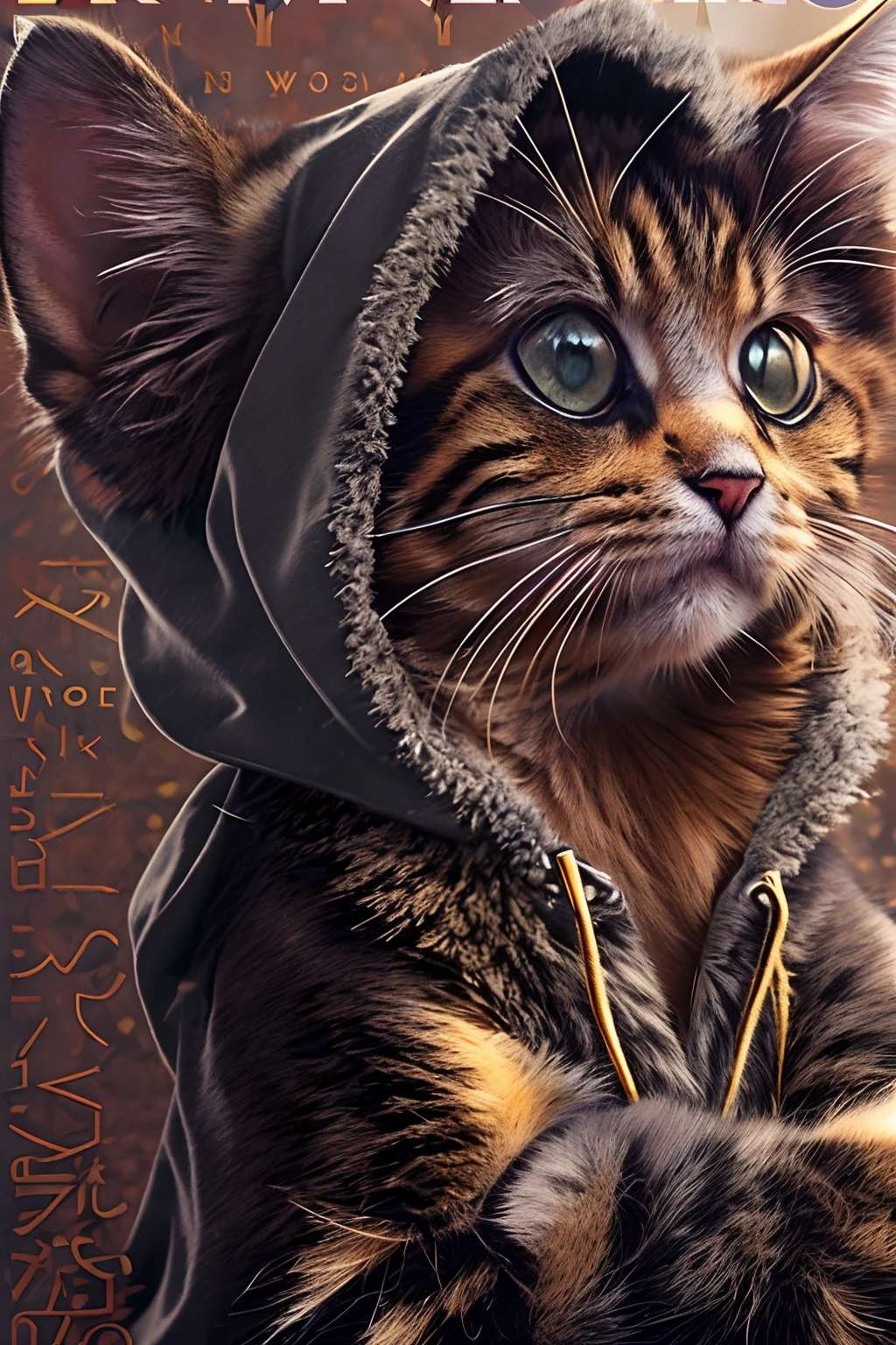 (FashionMagCover:1.5)，Kitten in a hoodie, Fashion kitten, Kitten clothing is stylish and elegant, Gold accents，Glamour, stage lighting，Take photos at concerts, Inky sunglasses,rock star，Decorative punk，shimmering jewelry，8K, High quality, Masterpiece, Best quality, k hd, Extremely detailed, voluminetric lighting, Photorealistic