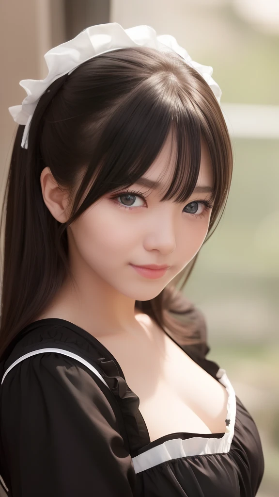 ​masterpiece、top-quality、in 8K、Raw photo、(Photorealsitic: 1.4)、ultra-detailliert、hight resolution、finely detail、natural soft light、full bodyesbian、wide Shots、独奏、(1girl in:1.4 )、(real looking skin:1.2)、beautiful a girl、beautiful detail、extremely detailed eye and face、Ultra-detailed and beautiful eyes、Black eyes、Cheerful smile:1.4、maid costume、simple background