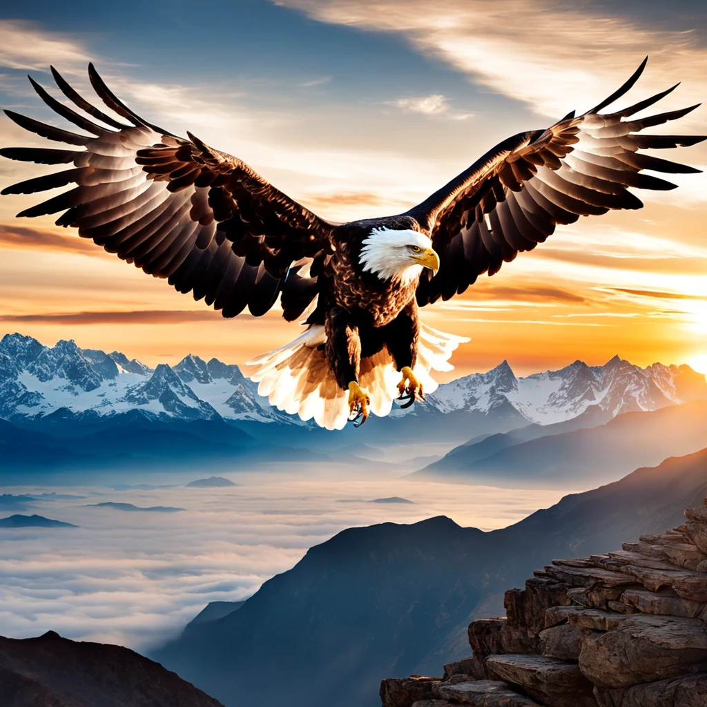 (((Create a great eagle masterpiece))) Fly gracefully in the sky, (((Majestic wings are in motion))), Against the breathtaking background of the horizon, Surfacing from the summit of Mount Everest.