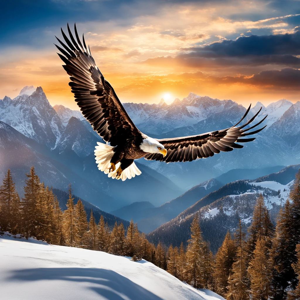 (((Create a great eagle masterpiece))) Fly gracefully in the sky, (((Majestic wings are in motion))), Against the breathtaking background of the horizon, Surfacing from the summit of Mount Everest.