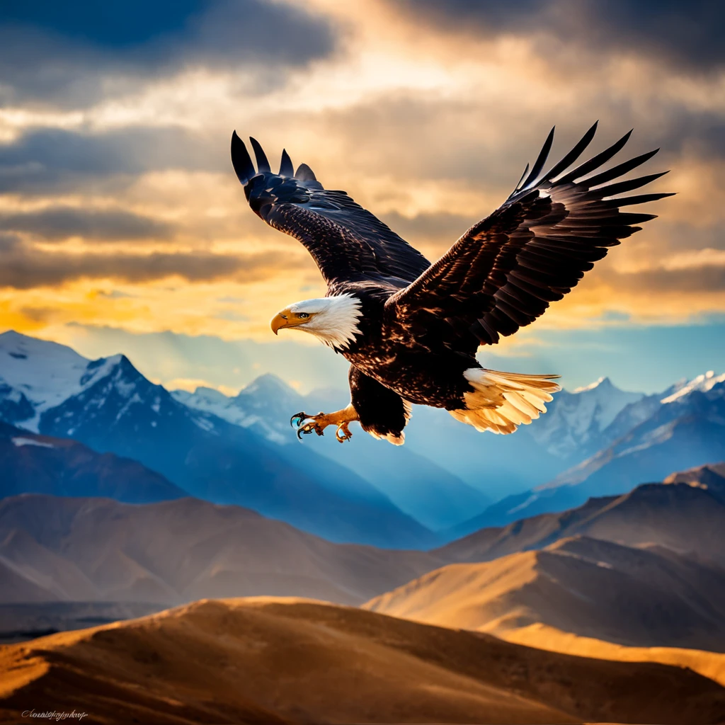 (((Create a great eagle masterpiece))) Fly gracefully in the sky, (((Majestic wings are in motion))), Against the breathtaking background of the horizon, Surfacing from the summit of Mount Everest.