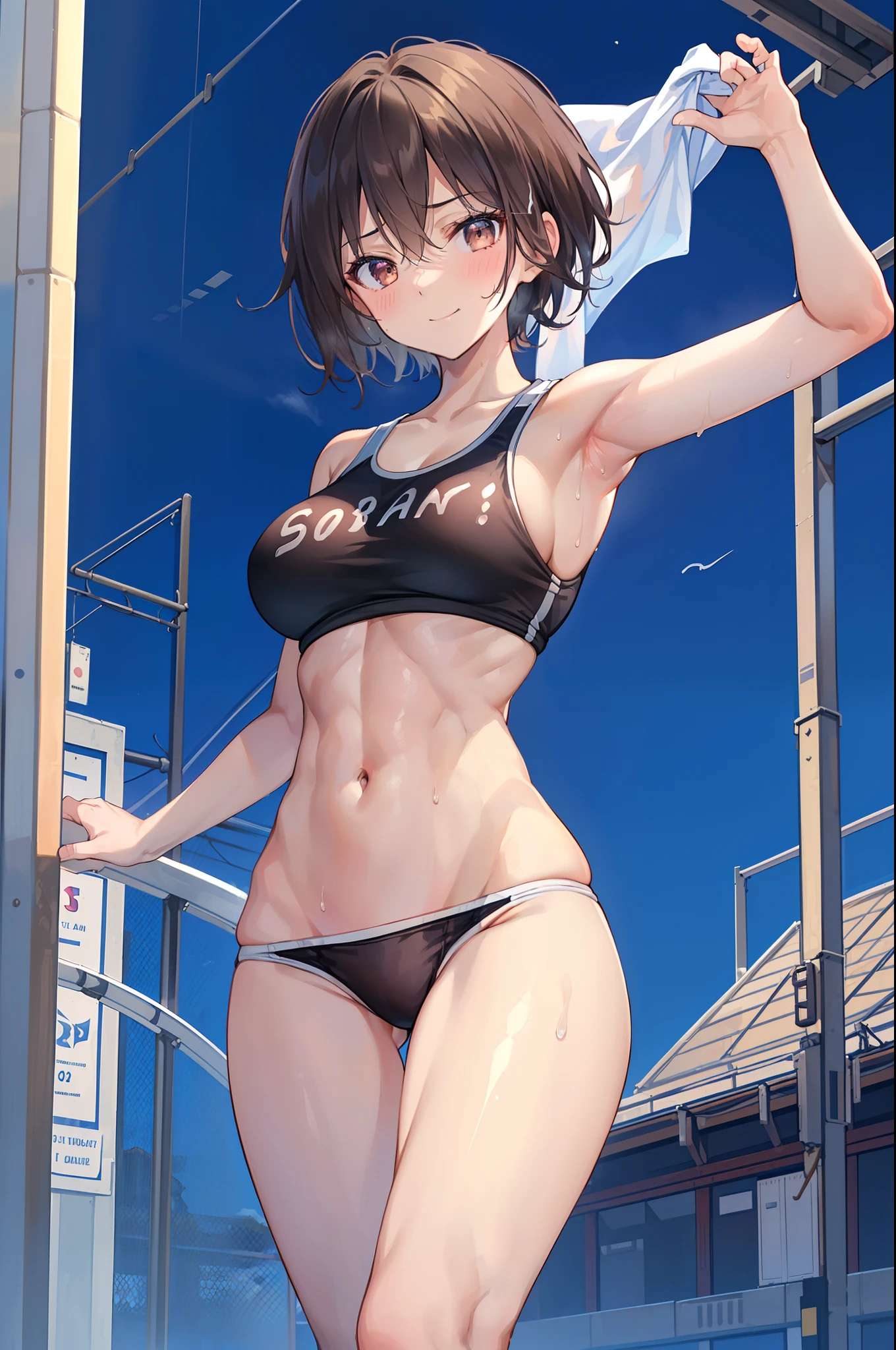 masterpiece, top-quality, hight resolution, Hi-Res, ultra-detailliert, 1girl in, Full limbs, complete fingers, Slender 18 year old beautiful active girl, Brown-eyed, Slender eyes, A dark-haired, extra very short hair, ((Black skin)), ((track uniforms, Sportswear, sports bras, sports bikinis:1.3)), wet, wetting hair, A smile, High school students, full body Esbian, Photo session, Standing on one leg, Bust 86, Waist 58, Hip 88, ((full of sweat)), (Put your hands behind your head, Show the armpits:1.28), (Tempered body, Toned body, Split abs:1.38), Sexy Posing