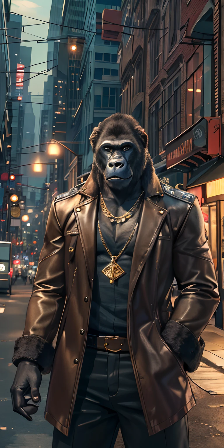 Anthropomorphic gorillas stand tall in a fashionable city. Moonshine highlights your leather jacket and gold necklace. The scenery is lush，Handsome and cool, Jewelry in and around the city. The camera details everything, A maid, In front of him.