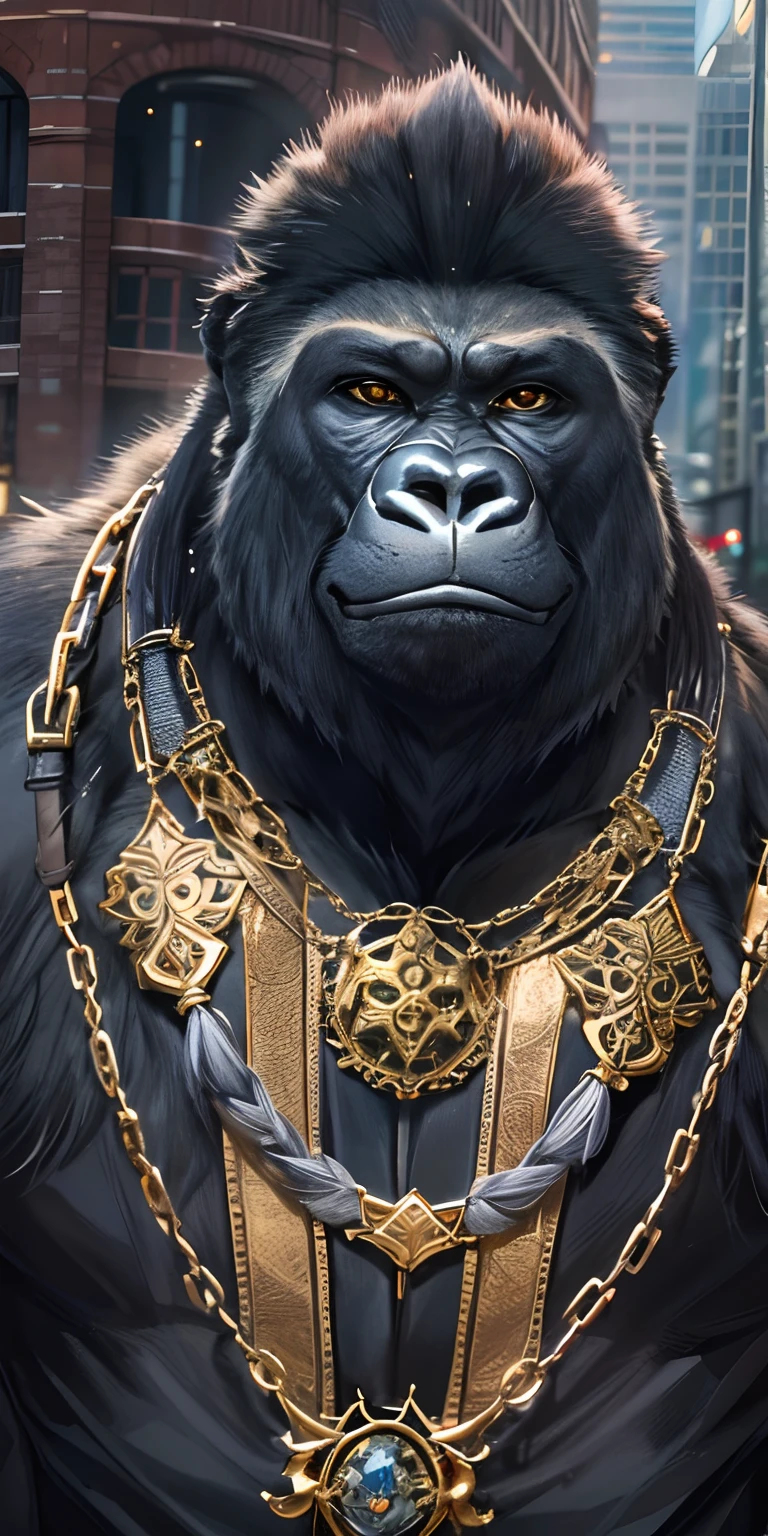 Anthropomorphic gorillas stand tall in a fashionable city. Moonshine highlights your leather jacket and gold necklace. The scenery is lush，Handsome and cool, Jewelry in and around the city. The camera details everything, A maid, In front of him.