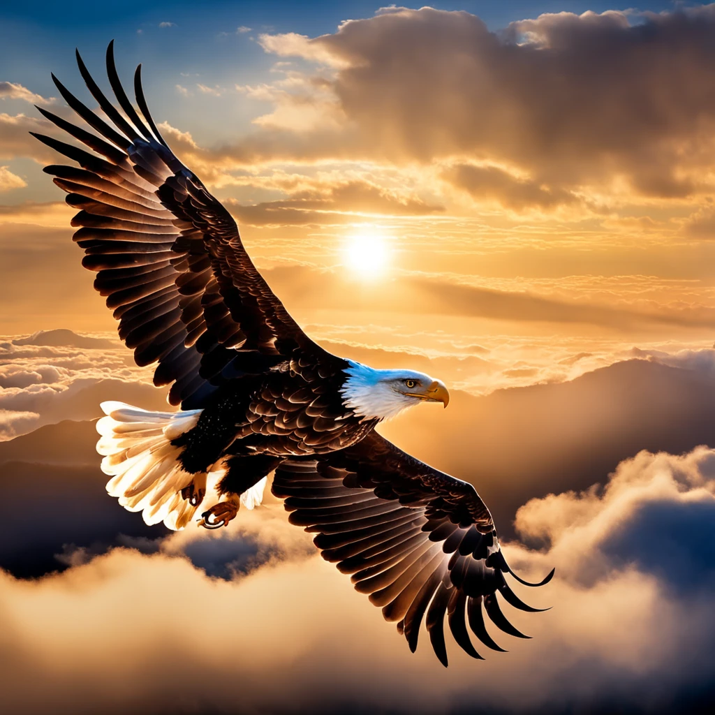 (((Create a great eagle masterpiece))) Fly gracefully in the sky, (((Majestic wings are in motion))), Against the breathtaking background of the horizon, Surfacing from the summit of Mount Everest.