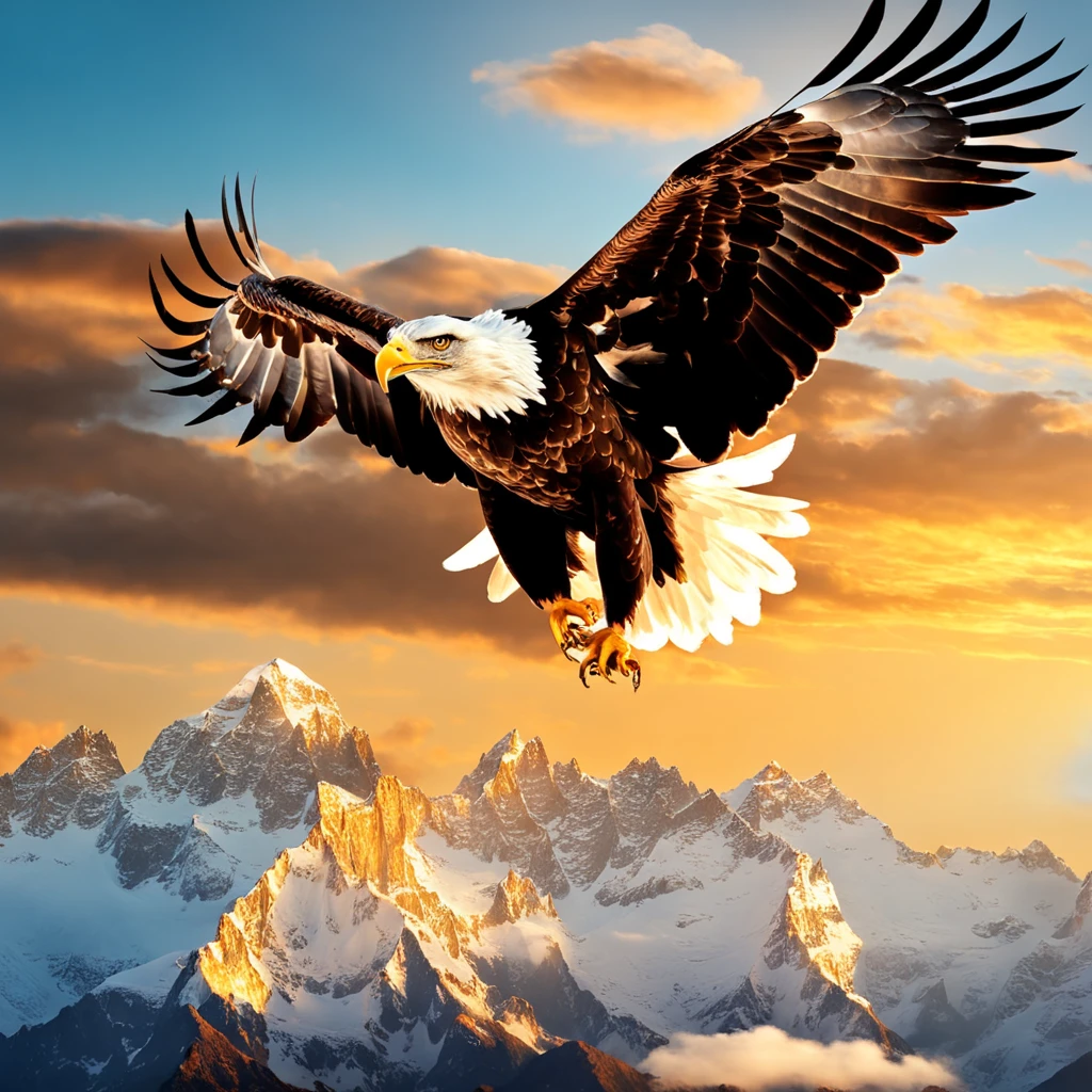 (((Create a great eagle masterpiece))) Fly gracefully in the sky, (((Majestic wings are in motion))), Against the breathtaking background of the horizon, Surfacing from the summit of Mount Everest.