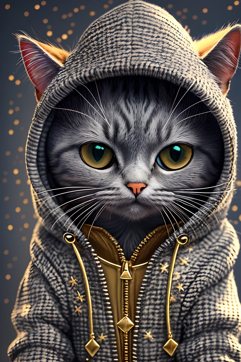 (FashionMagCover:1.2),Close-up of cartoon gray cat in hoodie, Fashion kitten, Kitten clothing is stylish and elegant, Gold accents,Glamour, stage lighting,Take photos at concerts, Inky sunglasses,rock star,Decorative punk,shimmering jewelry,8K, High quality, Masterpiece, Best quality, k hd, Extremely detailed, voluminetric lighting, Photorealistic