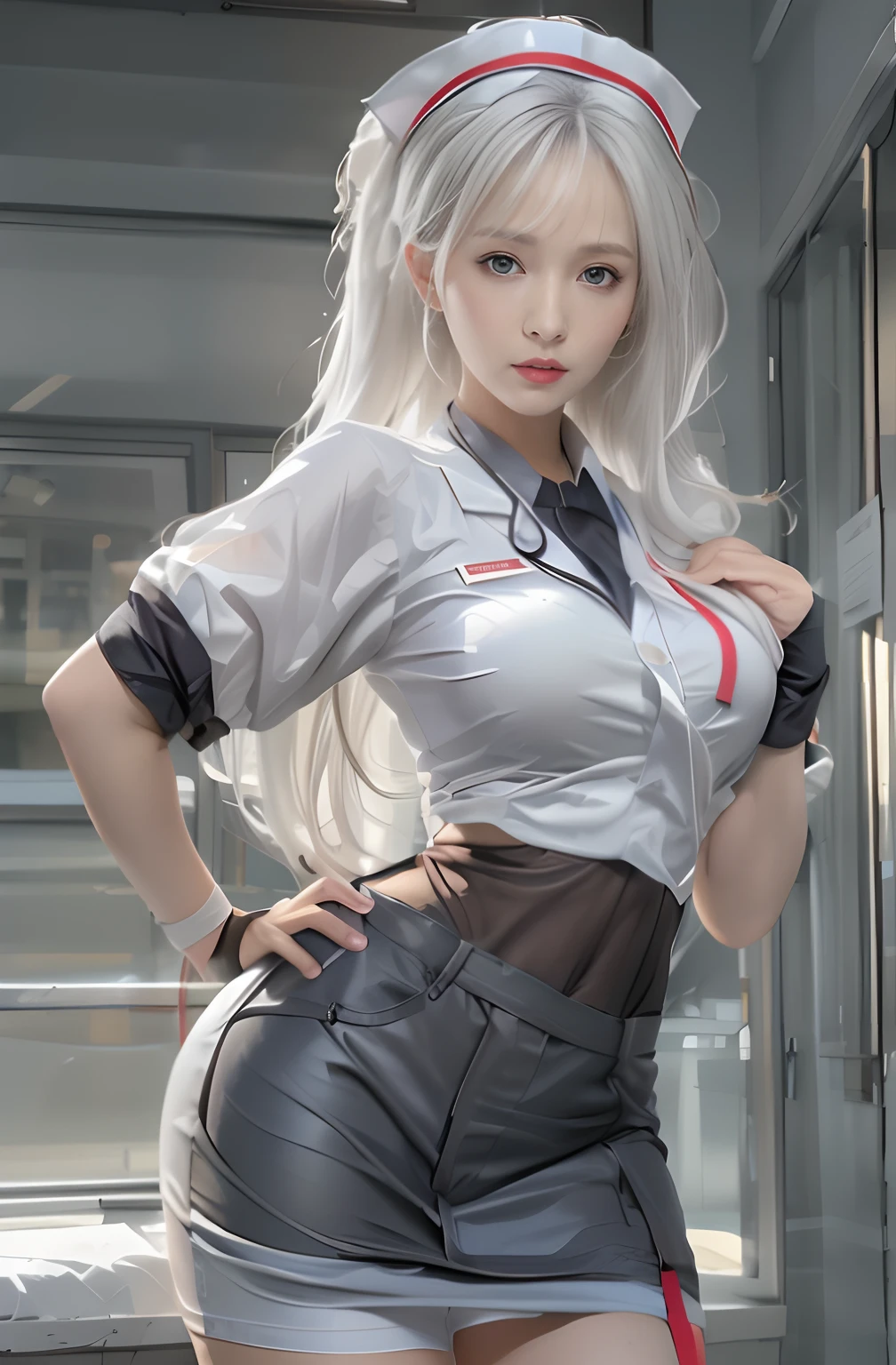 Photorealistic, high resolution, 1womanl, Solo, Hips up, view the viewer, (Detailed face), White hair, Long hair, Nurse outfit, Stockings,((delicated face))