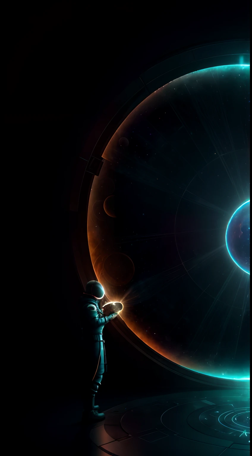 person, standing in front of a space portal overlooking the sun,, mistic,gateway to another universe, gateway to another dimension, world, visible only through the portal, High quality fantasy stock photo, portal to another world, portal to outer space,Looking into space, Universe, Magical Galactic Portal, The Cycle of the Stars, God,A sense of mystery