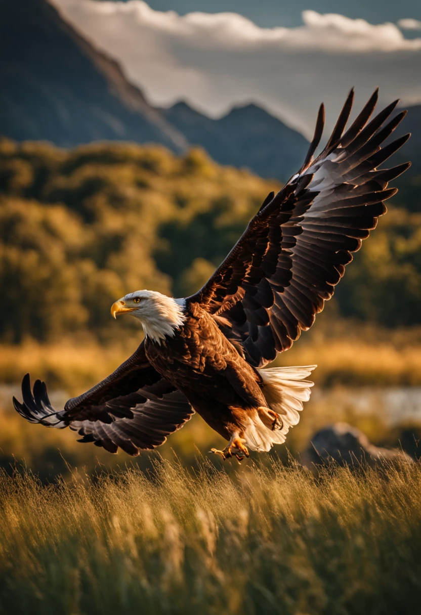 There is an eagle flying in the grass against the background of rocks, Photo by Derek Zabrocki, unsplash, digitalart,