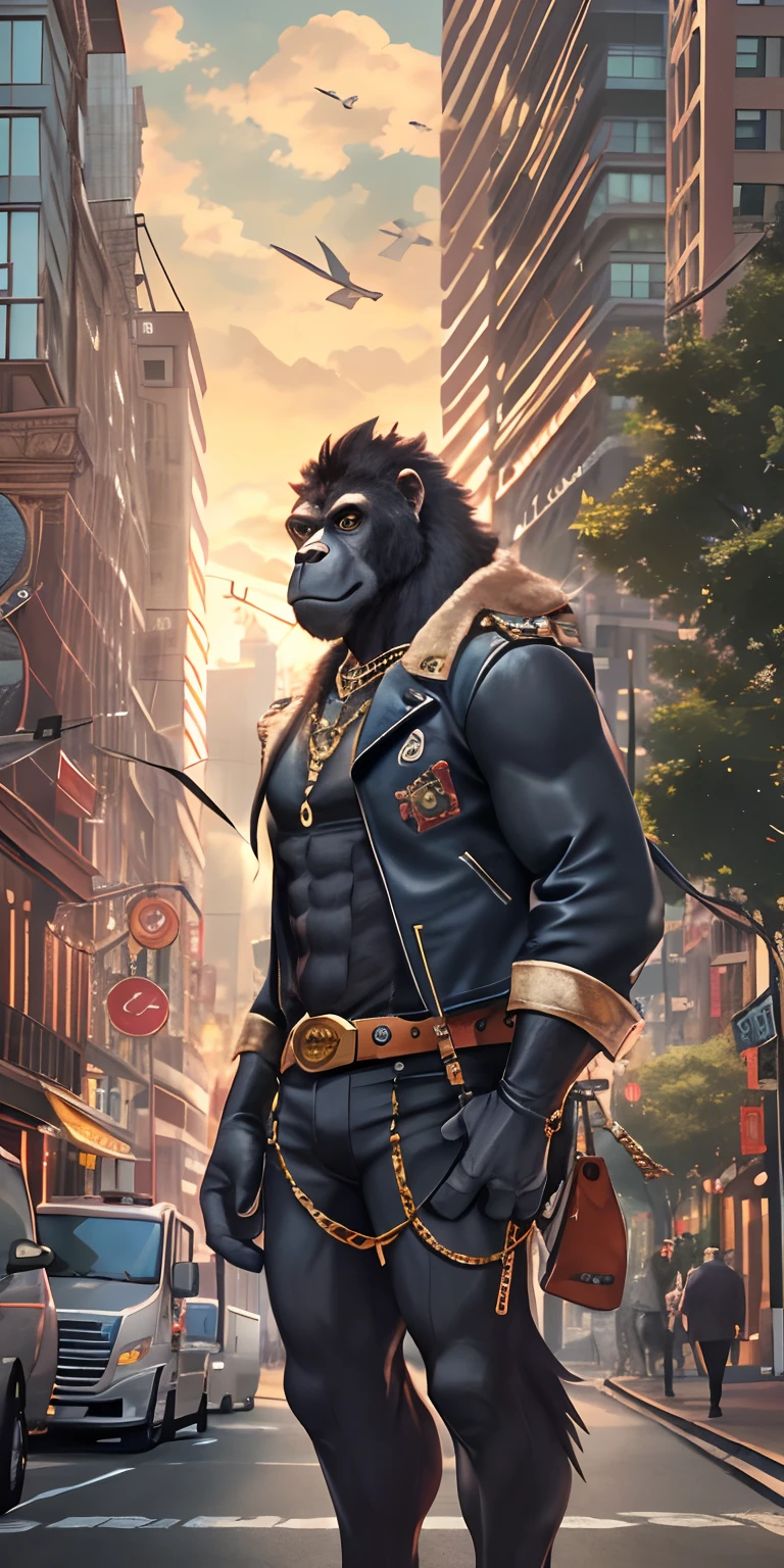 Anthropomorphic gorillas stand tall in a fashionable city. Moonshine highlights your leather jacket and gold necklace. The scenery is lush，Handsome and cool, Jewelry in and around the city. The camera details everything, A maid, In front of him.