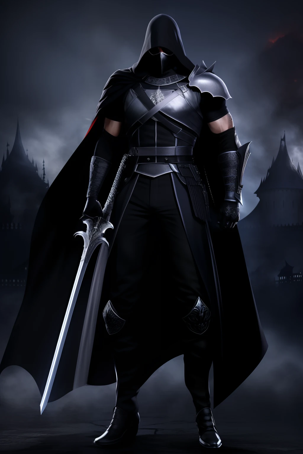 shadow knight ,male ,no face,badass ,full body ,cool pose ,black armor ,chains vest under black armor ,long red veil ,white frame eyes ,holding silver white sword ,dark aura ,dark ,smoke ,ruined castle background,masterpiece ,best quality ,ultra-detailed ,high res ,8K ,detailed background