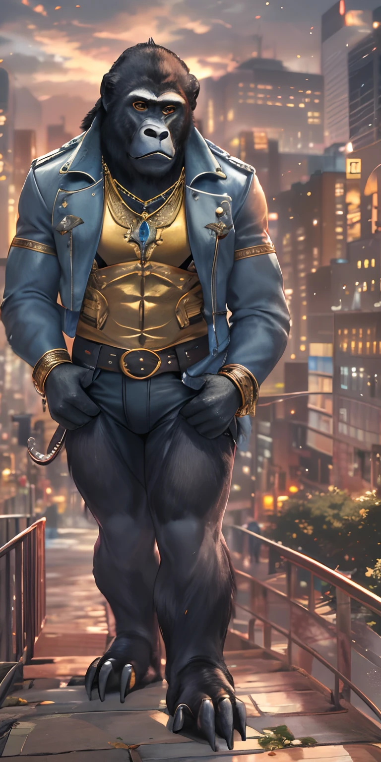 Anthropomorphic gorillas stand tall in a fashionable city. Moonshine highlights your leather jacket and gold necklace. The scenery is lush,Handsome and cool, Jewelry in and around the city. The camera details everything, A maid, In front of him.