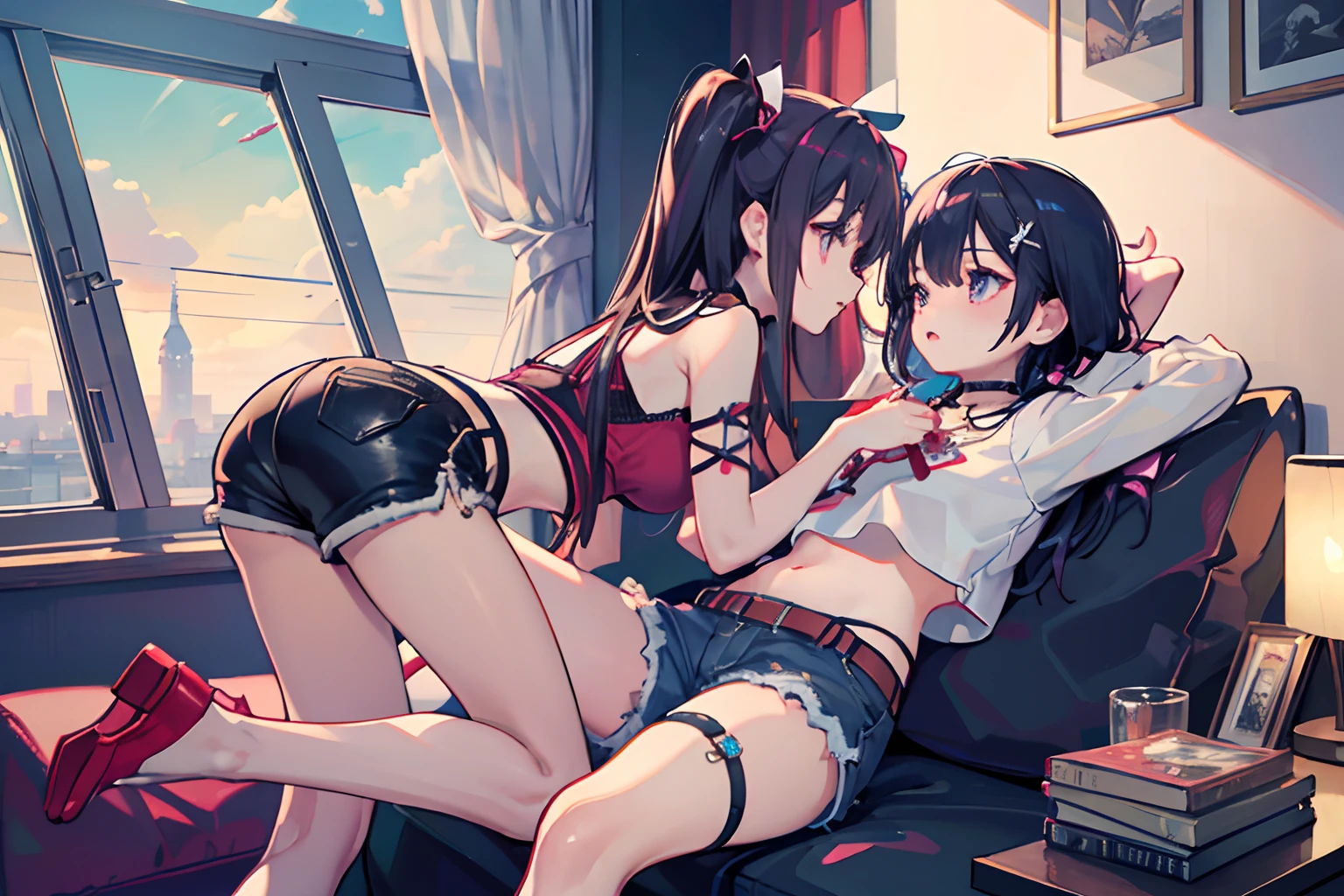 ,twins, Masterpiece,Best quality,offcial art,Extremely detailed Cg Unity 8K wallpaper, 2girls, cute female child, Yuri, hair adornments, Short shorts, Crop top, ribbon_choker necklace, leg belt,