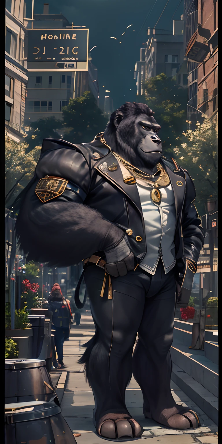 Anthropomorphic gorillas stand tall in a fashionable city. Moonshine highlights your leather jacket and gold necklace. The scenery is lush,Handsome and cool, Jewelry in and around the city. The camera details everything, A maid, In front of him.