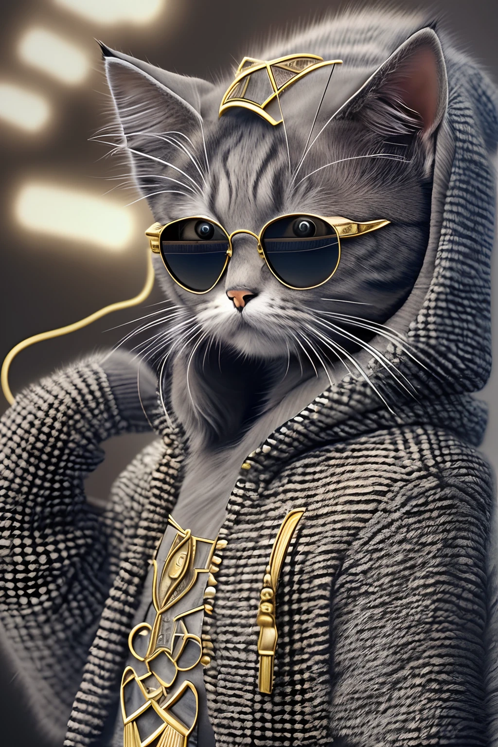 FashionMagCover,Close-up of a cartoon gray cat in a hoodie, Fashion kitten, Kitten clothing is stylish and elegant, Gold accents,Glamour, stage lighting,Take photos at concerts, Inky sunglasses,rock star,Decorative punk,shimmering jewelry,8K, High quality, Masterpiece, Best quality, k hd, Extremely detailed, voluminetric lighting, Photorealistic