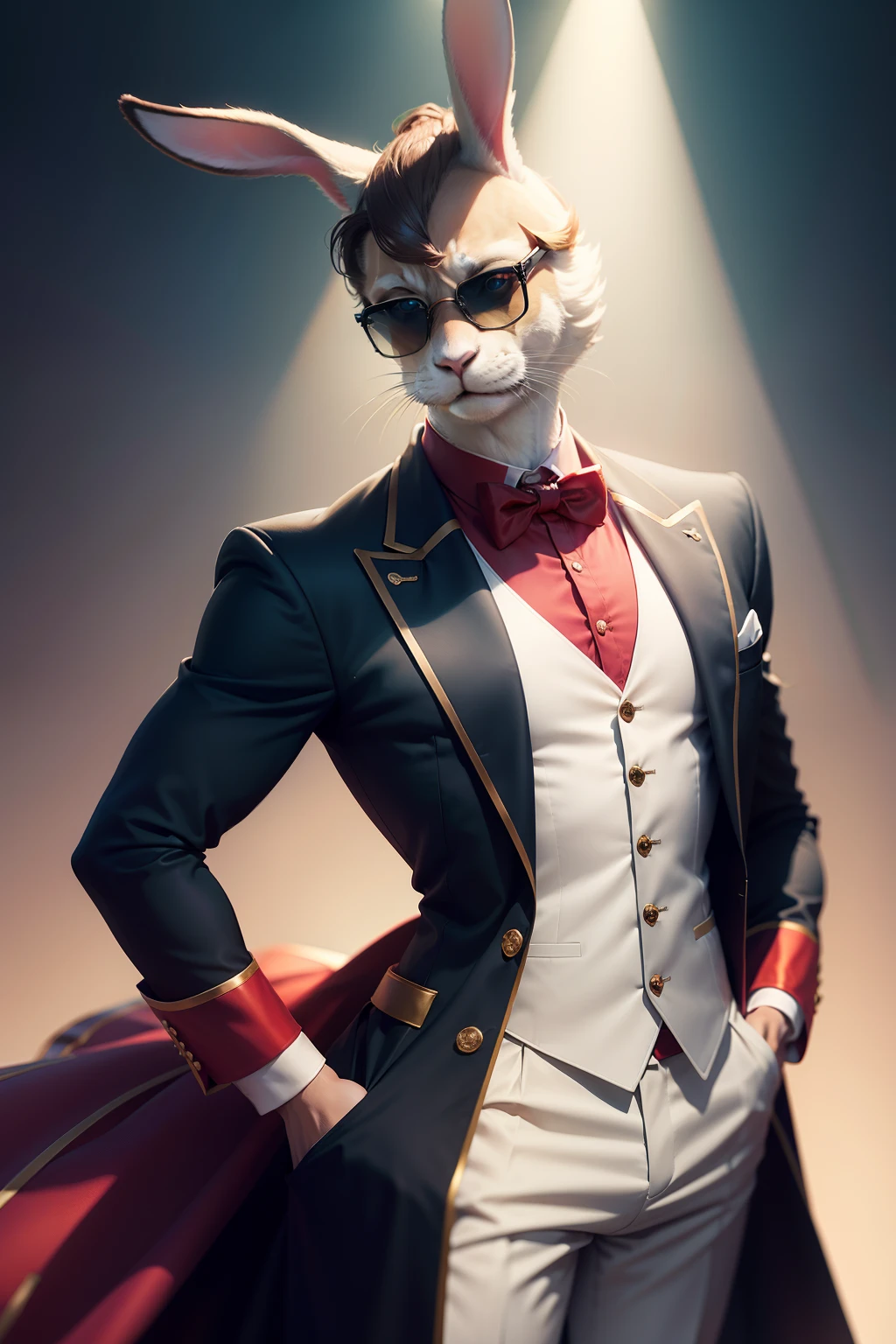 Animals dressed in fashion，Rabbit Sim Man，is wearing  dress，Wearing sunglasses，In the spotlight