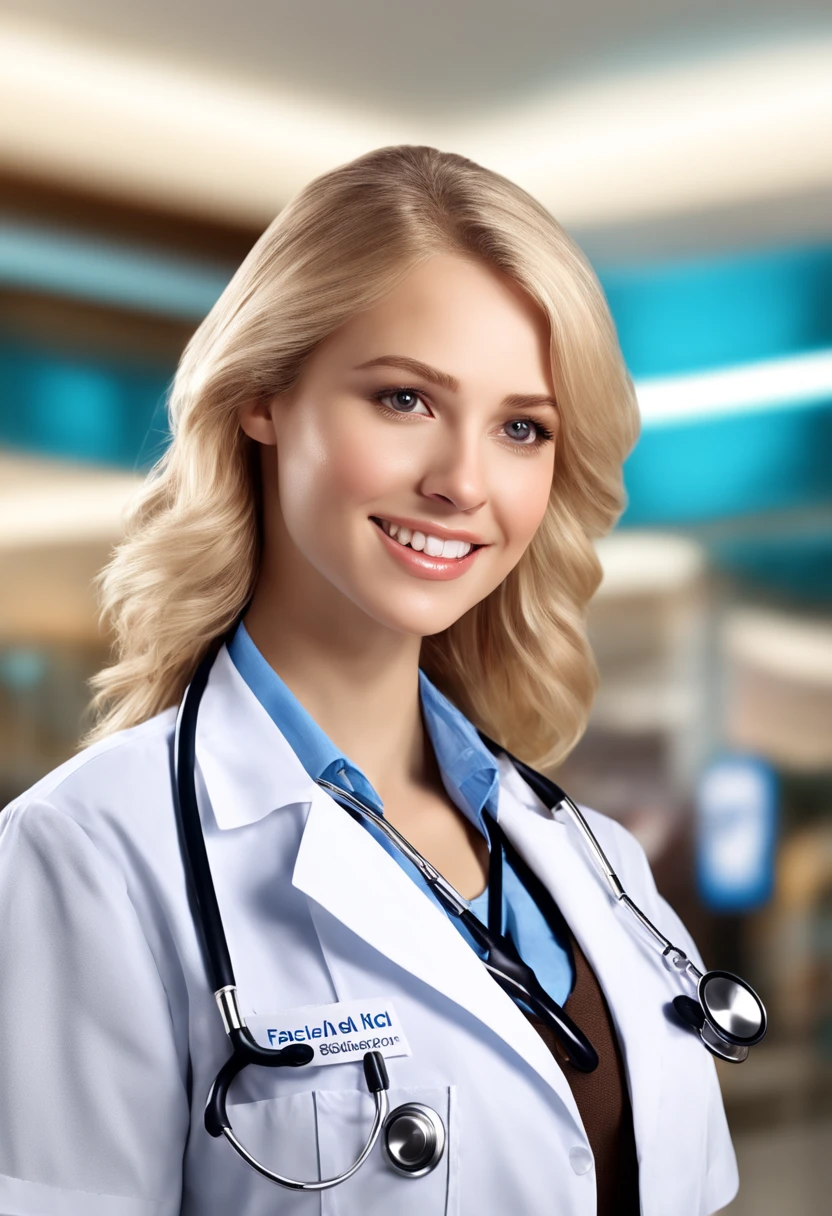 shopping mall, long blonde fringe hair, brown eyes, 1girl, doctor, Stethoscope on neck, smile, innocent, 100mm lens, (photorealistic, lens flare:1.4), look right side, as doctor, uniform, (intricate details:1.2),(masterpiece, :1.3),(best quality:1.4), (ultra highres:1.2), ultra high res, (detailed eyes), (detailed facial features), HDR, 8k resolution, (Stethoscope), far view, reflections on floor, low cut open cloth