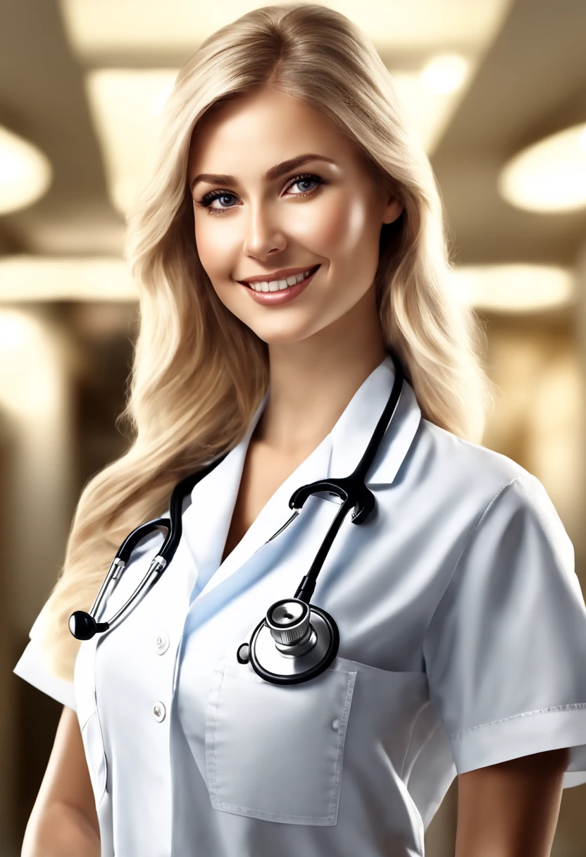 shopping mall, long blonde fringe hair, brown eyes, 1girl, doctor, Stethoscope on neck, smile, innocent, 100mm lens, (photorealistic, lens flare:1.4), look right side, as doctor, uniform, (intricate details:1.2),(masterpiece, :1.3),(best quality:1.4), (ultra highres:1.2), ultra high res, (detailed eyes), (detailed facial features), HDR, 8k resolution, (Stethoscope), far view, reflections on floor, low cut open cloth