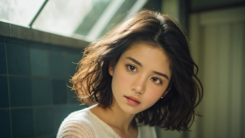 ((top Quority,8K,tmasterpiece:1.3)),Contemptuous woman(hot onsen),perspired,Water droplets on the forehead of the face,exteriors,background starry sky,Overhead,Sharp focus:1.2,cute women:1.4,((Layered Hair Style)),(shower stall),very detailed face and skin and hair texture,Knotted brunette hair,Moist textured hair,Moist body,Detailed eyes, Contemptuous contempt,White skin of the,Beautiful legs, beautiful delicate nose,cute young woman,18yr old,dynamic angle,Deleite para la vista,Compositional suggestiveness,while emphasizing the subject's hair,The eye,Mouth and movements,At the same time, It exudes contempt,It is characterized by calming tones and a mixture of light and shadow,Contemptuous contempt,