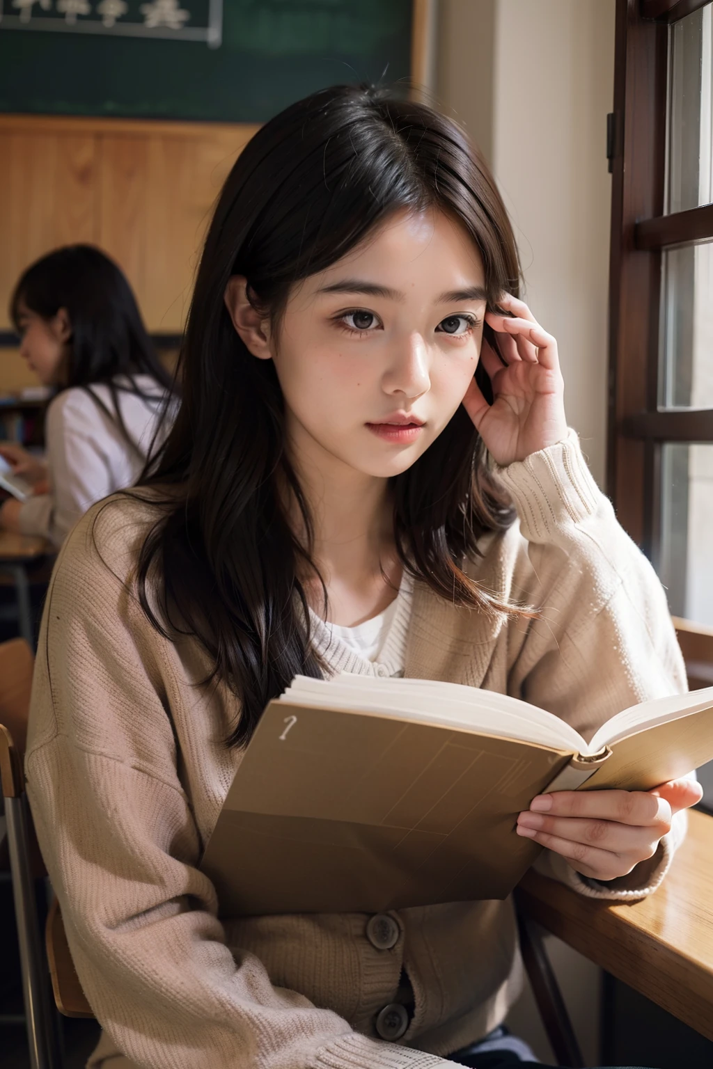 1 Girls do self-study reading in the classroom