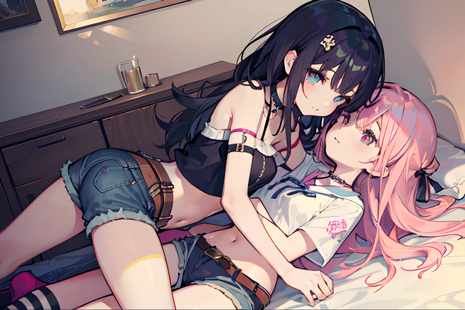 ,twins, Masterpiece,Best quality,offcial art,Extremely detailed Cg Unity 8K wallpaper, 2girls, cute female child, Yuri, hair adornments, Short shorts, Crop top, ribbon_choker necklace, leg belt,