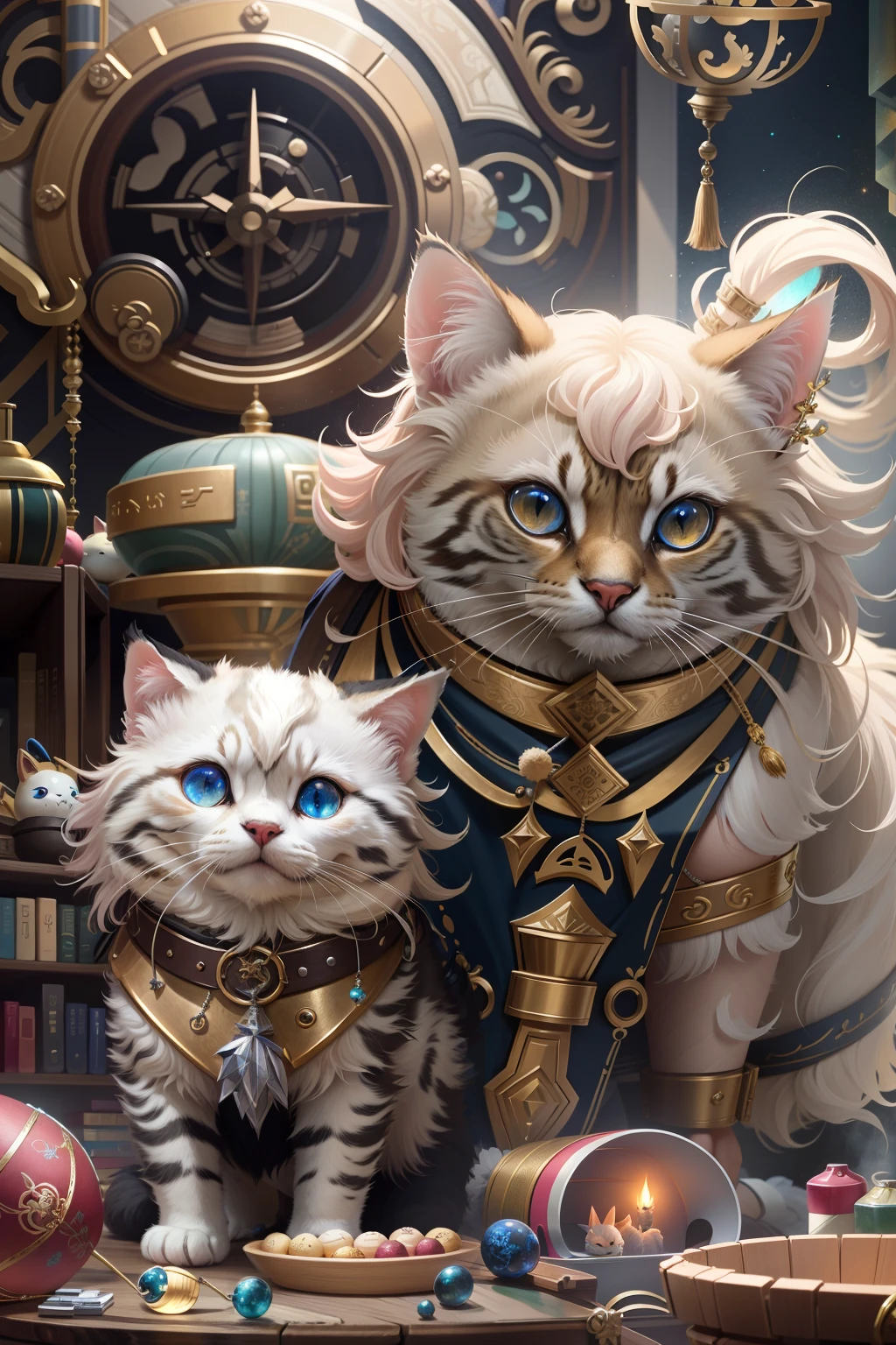 Cyberpunk kittens and their stylish nests，Stylish fabrics set with precious stones，luxury goods，Regal，Comfortable and warm，Pink space，Small toys，Kitten clothing is stylish and elegant，Optimal quality，超高分辨率，realisticlying，Front lighting，Complicated details，Exquisitedetailsandtextures，独奏，Facial highlights，Detal Face，looking at viewert，largeeyes，Openwork pattern，Deluxe Room，profesional lighting，photon maping，Radio City，physically-based renderingt，Epic composition, Highest quality, 8K，Epic romantic fantasy digital art，Epic fairy tale fantasy digital art，Mythological fantasy，