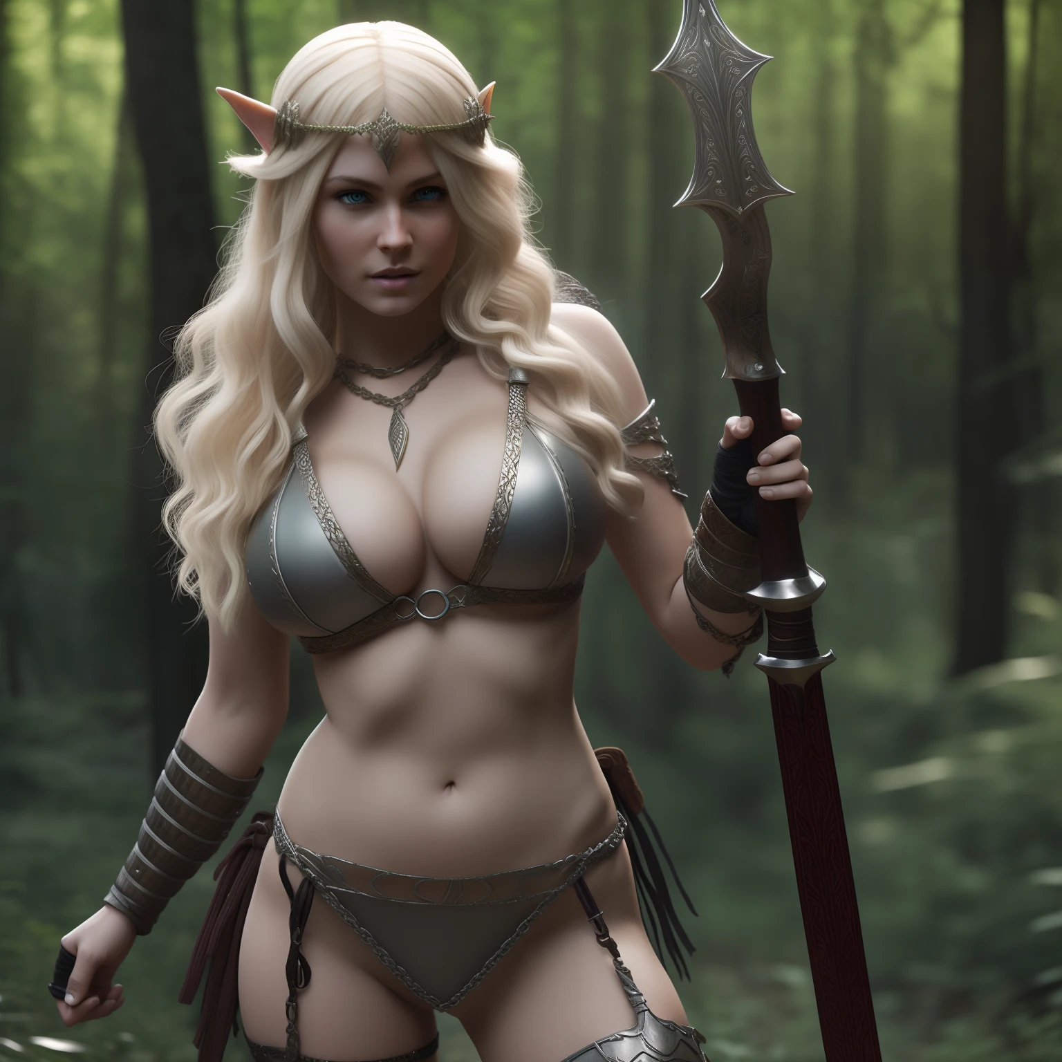 Solo blonde female elven warrior with big breasts and a plump ass, scantily armoured, tiny bikini chainmail which barely covers her , both hands holding one sword, ultra detailed, highly realistic, unreal engine, forest clearing