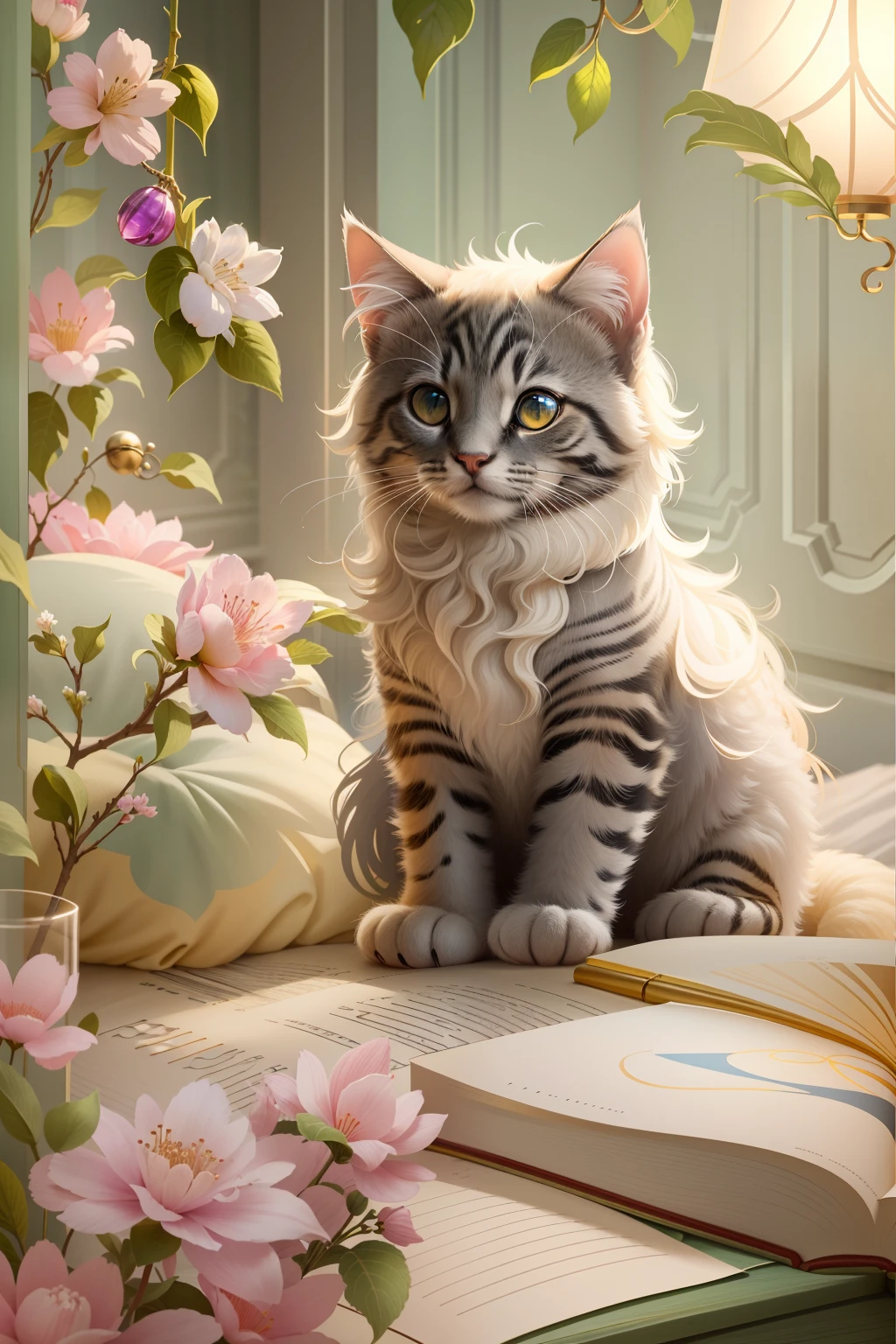 Cute kitten and its stylish nest,Stylish fabrics set with precious stones,luxury goods,Regal,Comfortable and warm,Pink space,Small toys,The clothing is stylish and elegant,Optimal quality,超高分辨率,realisticlying,Front lighting,Complicated details,Exquisitedetailsandtextures,独奏,Facial highlights,Detal Face,looking at viewert,largeeyes,Openwork pattern,Deluxe Room,profesional lighting,photon maping,Radio City,physically-based renderingt,Epic composition, Highest quality, 8K,Epic romantic fantasy digital art,Epic fairy tale fantasy digital art,Mythological fantasy,