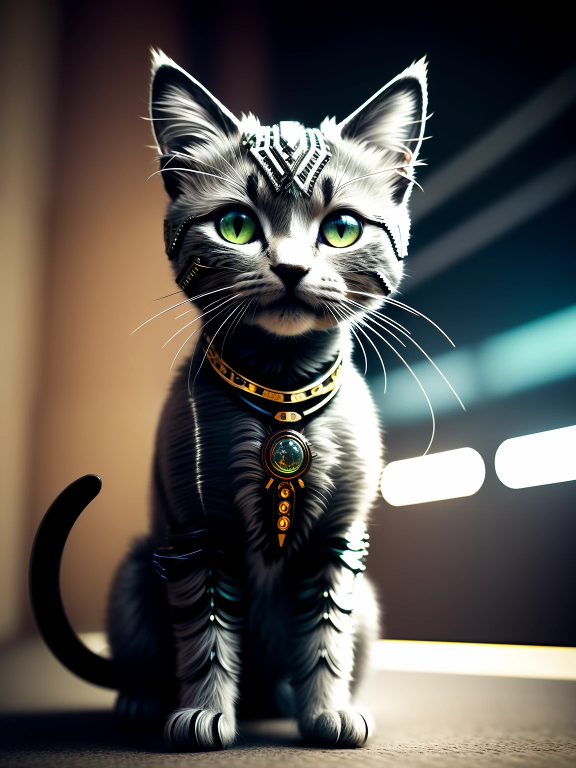 cute metal kitten, (cyborg:1.1), ([big tail | intricate wire]:1.3), (intricate detail:1.2), hdr, (intricate detail, hyper detail:1.2), cinematic frame, vignette, centered, background andes and lamas