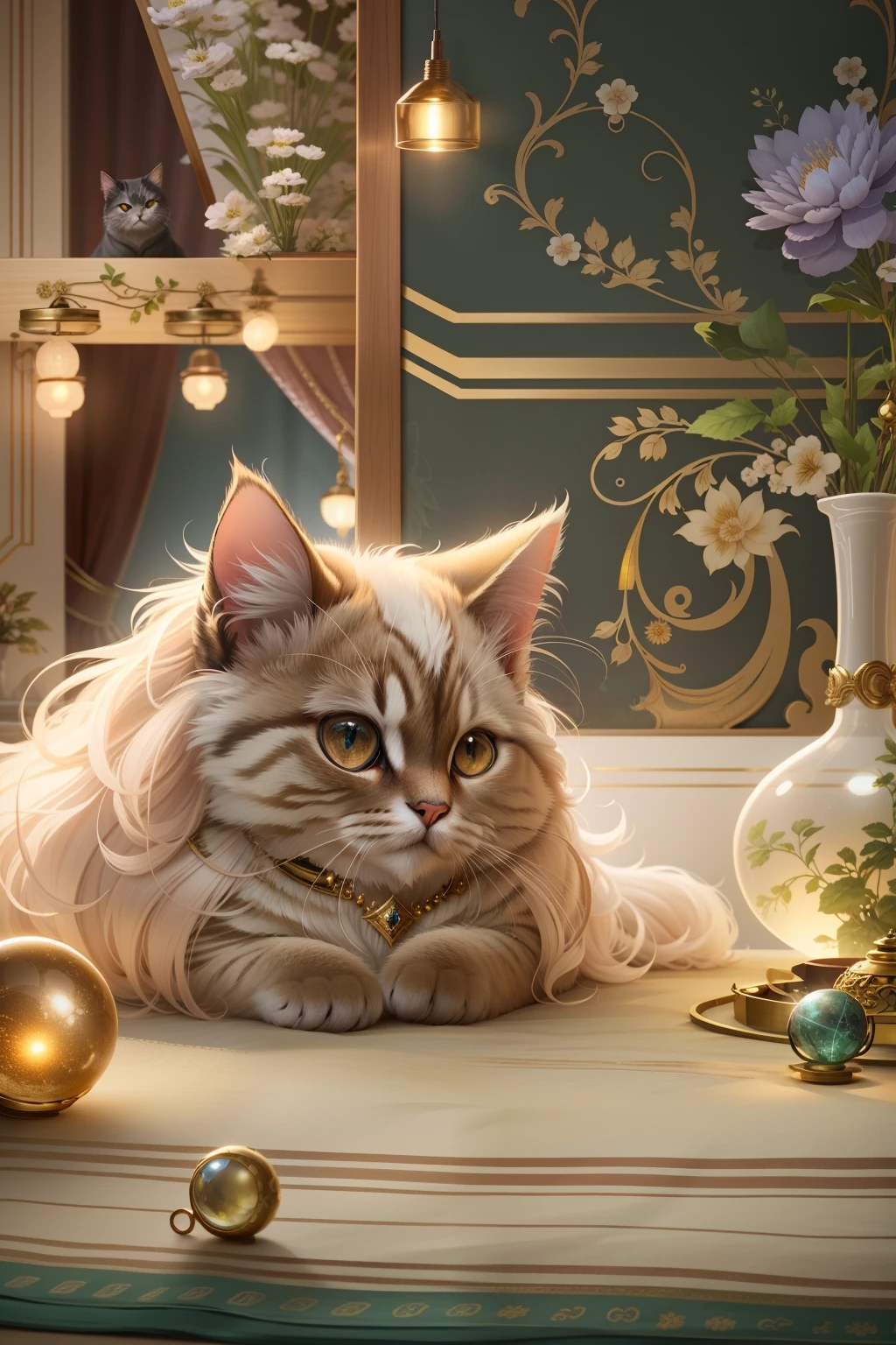 Cute Persian cat and its stylish nest,Trendy fabric set with gemstones,Luxury,Regal,Comfortable and warm,Pink space,Small toys,Optimal quality,超高分辨率,realisticlying,Front lighting,Complicated details,Exquisitedetailsandtextures,独奏,Facial highlights,Detal Face,looking at viewert,largeeyes,Openwork pattern,Deluxe Room,profesional lighting,photon maping,Radio City,physically-based renderingt,Epic composition, Highest quality, 8K,Epic romantic fantasy digital art,Epic fairy tale fantasy digital art,Mythological fantasy,
