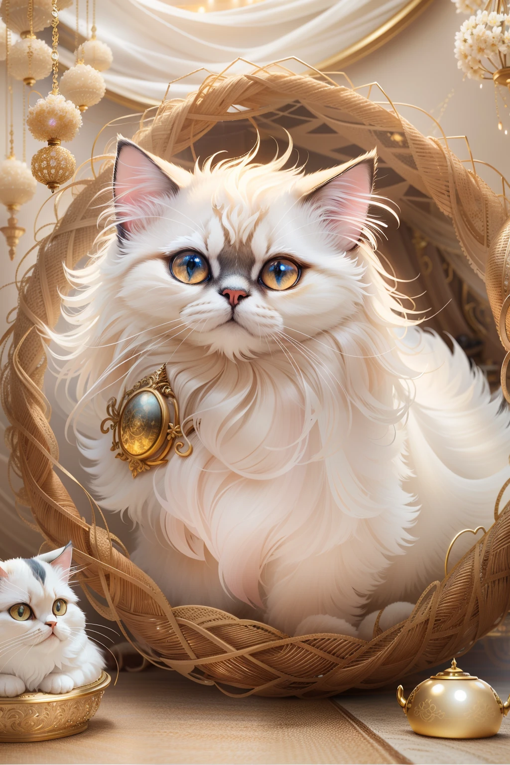 Cute Persian cat and its stylish nest,Trendy fabric set with gemstones,Luxury,Regal,Comfortable and warm,Pink space,Small toys,Optimal quality,超高分辨率,realisticlying,Front lighting,Complicated details,Exquisitedetailsandtextures,独奏,Facial highlights,Detal Face,looking at viewert,largeeyes,Openwork pattern,Deluxe Room,profesional lighting,photon maping,Radio City,physically-based renderingt,Epic composition, Highest quality, 8K,Epic romantic fantasy digital art,Epic fairy tale fantasy digital art,Mythological fantasy,