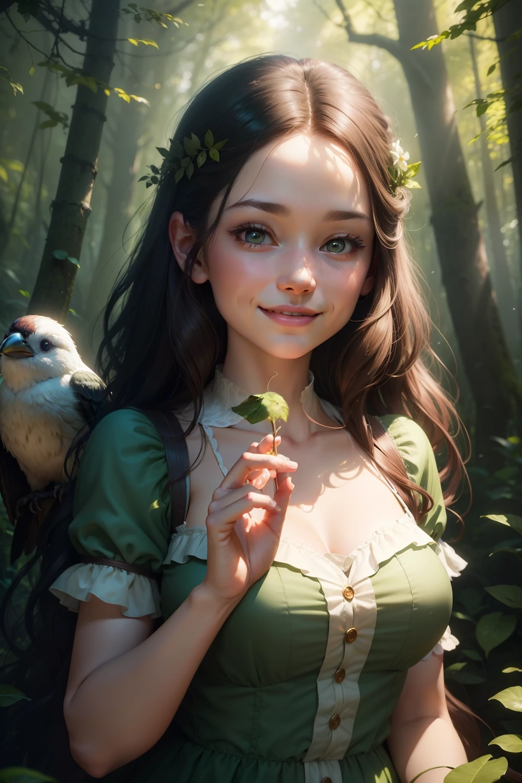 An image of a beautiful smiling woman in a forest, with a bird perched on her finger, background is summertime forest, mood is delicate, gentle, loving, happy, daytime light, digital art, hyper realistic, 8k, unreal engine, character design, art by Mark Ryden, Greg Simkins, Jason Limon, Dan Quintana.
