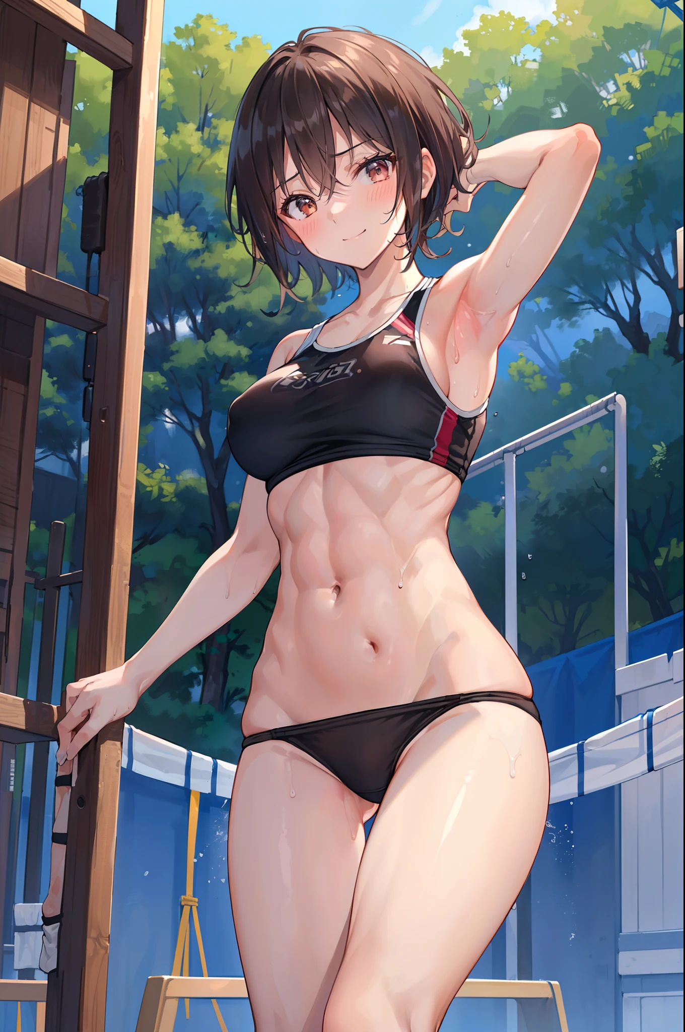 masterpiece, top-quality, hight resolution, Hi-Res, ultra-detailliert, 1girl in, Full limbs, complete fingers, Slender 18 year old beautiful active girl, Brown-eyed, Slender eyes, A dark-haired, extra very short hair, ((Black skin)), ((track uniforms, Sportswear, sports bras, sports bikinis:1.3)), Separate, Racing Bloomers, Land, wet, wetting hair, A smile, High school students, full body Esbian, Photo session, Standing on one leg, Bust 86, Waist 58, Hip 88, ((full of sweat)), (Put your hands behind your head, Show the armpits:1.28), (Tempered body, Toned body, Split abs:1.38), Sexy Posing
