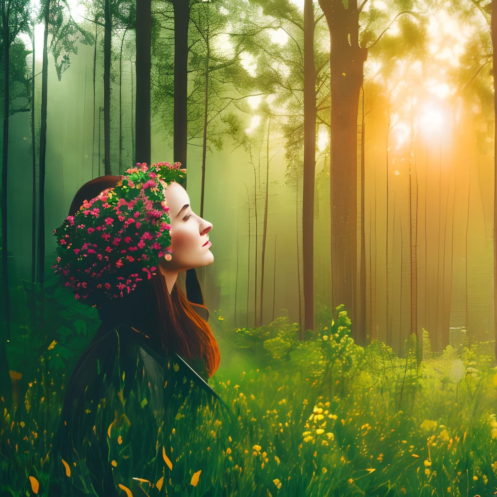 dublex style, woman [made of flowers:0.2], foliage city, [foliage foreground, city background:0.5]