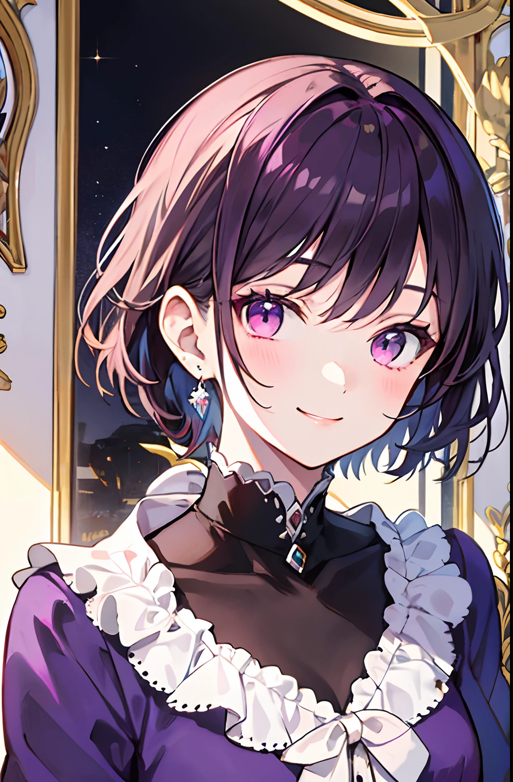 Short hair, no bangs, ponytail hairstyle, purple dark hair, pink eyes, smile girl, cool girl, high school girl, royal, portrait, aristocratic clothes, peaceful girl