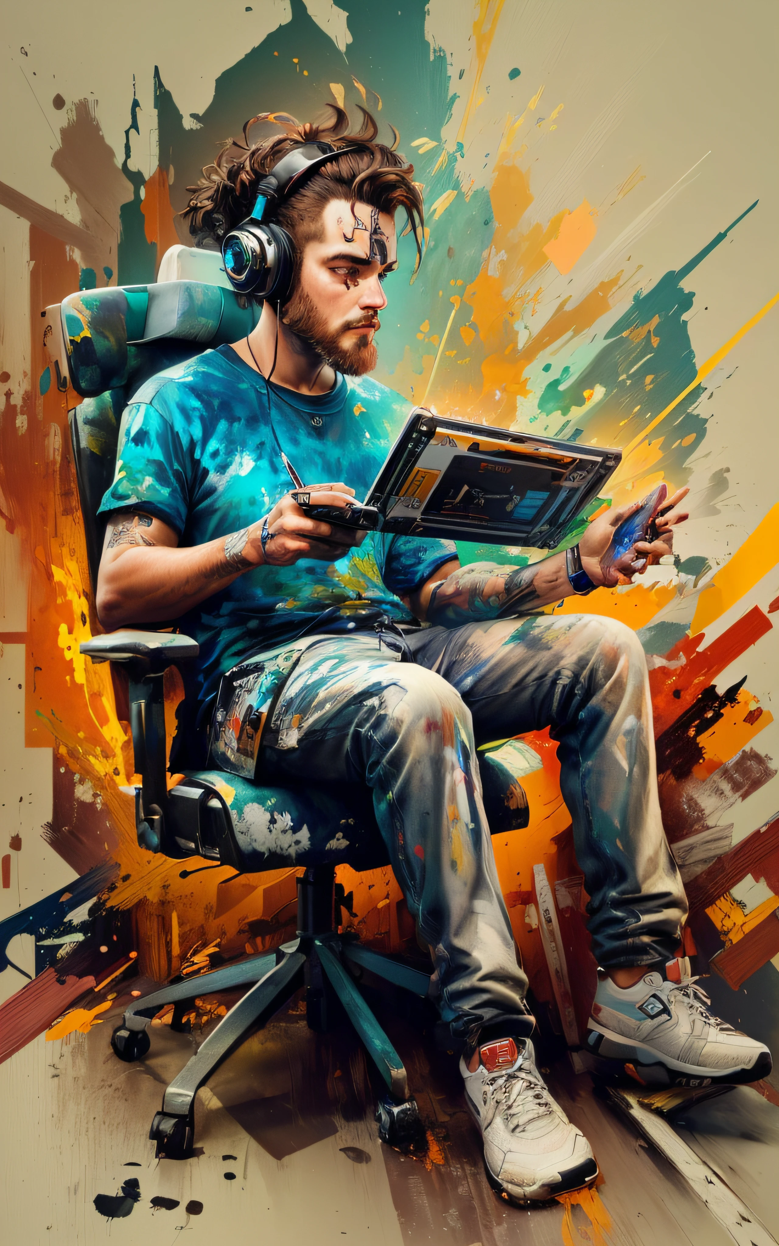 pintura de um homem sentado em uma cadeira com um laptop, arte digital de videogame, Arte digital detalhada em 4k, Arte digital altamente detalhada em 4k, Arte Digital 4K, pintura digital 4k, arte digital 4k, Arte Digital 4K, estilo pintura digital, estilo de arte digital, Arte digital realista 4K, Arte digital realista 4K, arte digital pintada
