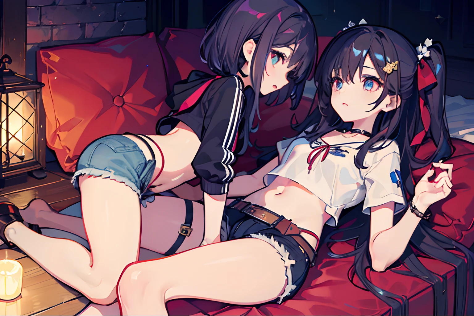 ,twins, Masterpiece,Best quality,offcial art,Extremely detailed Cg Unity 8K wallpaper, 2girls, cute female child, Yuri, hair adornments, Short shorts, Crop top, ribbon_choker necklace, leg belt,