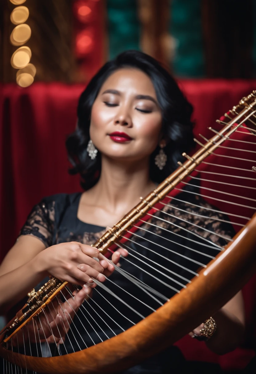 chinesa tocando arpa com zoom focado no rosto e instrumento