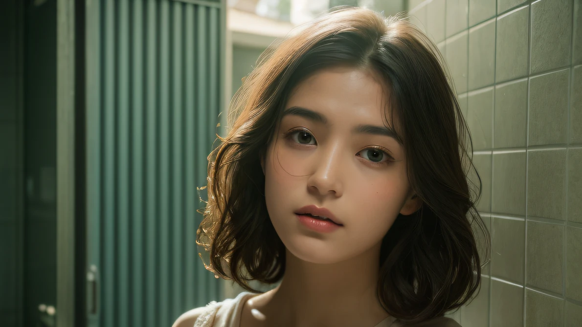 ((top Quority,8K,tmasterpiece:1.3)),Contemptuous woman(hot onsen),perspired,Water droplets on the forehead of the face,exteriors,background starry sky,Overhead,Sharp focus:1.2,cute women:1.4,((Layered Hair Style)),(shower stall),very detailed face and skin and hair texture,Knotted brunette hair,Moist textured hair,Moist body,Detailed eyes, Contemptuous contempt,White skin of the,Beautiful legs, beautiful delicate nose,cute young woman,18yr old,dynamic angle,Deleite para la vista,Compositional suggestiveness,while emphasizing the subject's hair,The eye,Mouth and movements,At the same time, It exudes contempt,It is characterized by calming tones and a mixture of light and shadow,Contemptuous contempt,