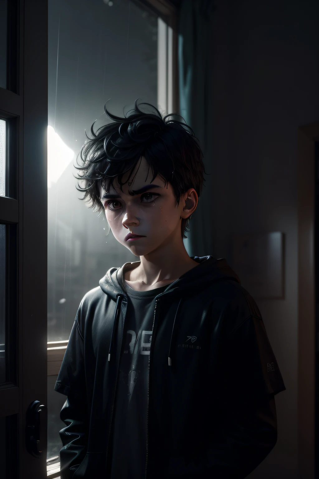 (sharp focus:1.2), an award-winning shot of a depressed casual robotic boy ager, thunderstorm outside, dull backlighting, extremely detailed skin, extreme sadness, hopelessness, bleary eyes, (deep shadows:1.1), high contrast, beautiful cried eyes, absurd, 8k, (high quality: 1.3), artstation hd, concept art, detailed sad face and body, award winning photography, (moody lighting:1.2), depth of field , bokeh, 4K, HDR