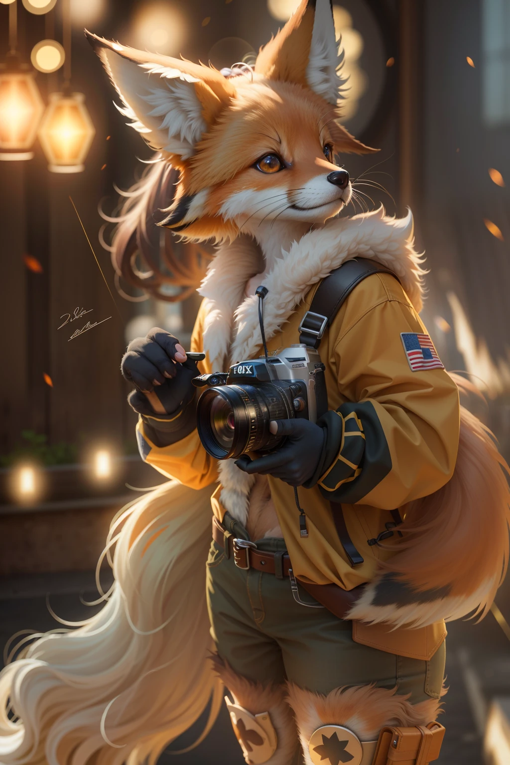 Photo RAW, uhd, dslr, high quality, realistic, realistic photo, dreamlikeart, lens flare, standing, upper body, looking at viewer, animal focus, furry, fursuit, 1girl, fox, cute, kawaii, adorable, skin, skin head, narrow waist, fox ears, paw, paw shoes
