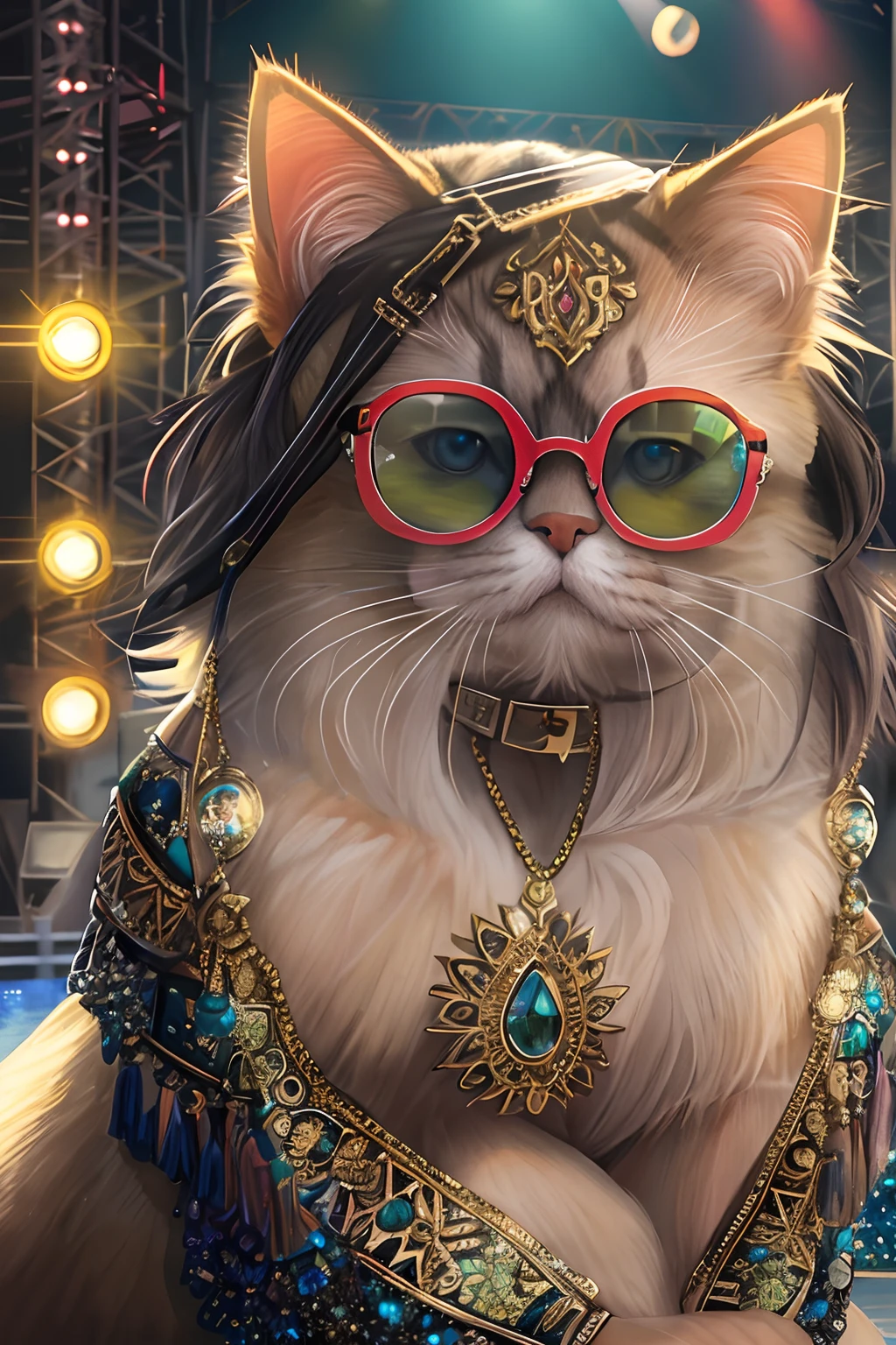 FashionMagCover，Anthropomorphic Persian cat, Fashion Persian cat, Sexy and charming，Dressed in a sparkling bikini set with gemstones,Slim figure， Gold accents，Glamour, stage lighting，Take photos at concerts, Inky sunglasses,rock star，Sparkling jewelry adorns Persian cats，8K, High quality, Masterpiece, Best quality, k hd, Extremely detailed, voluminetric lighting, Photorealistic