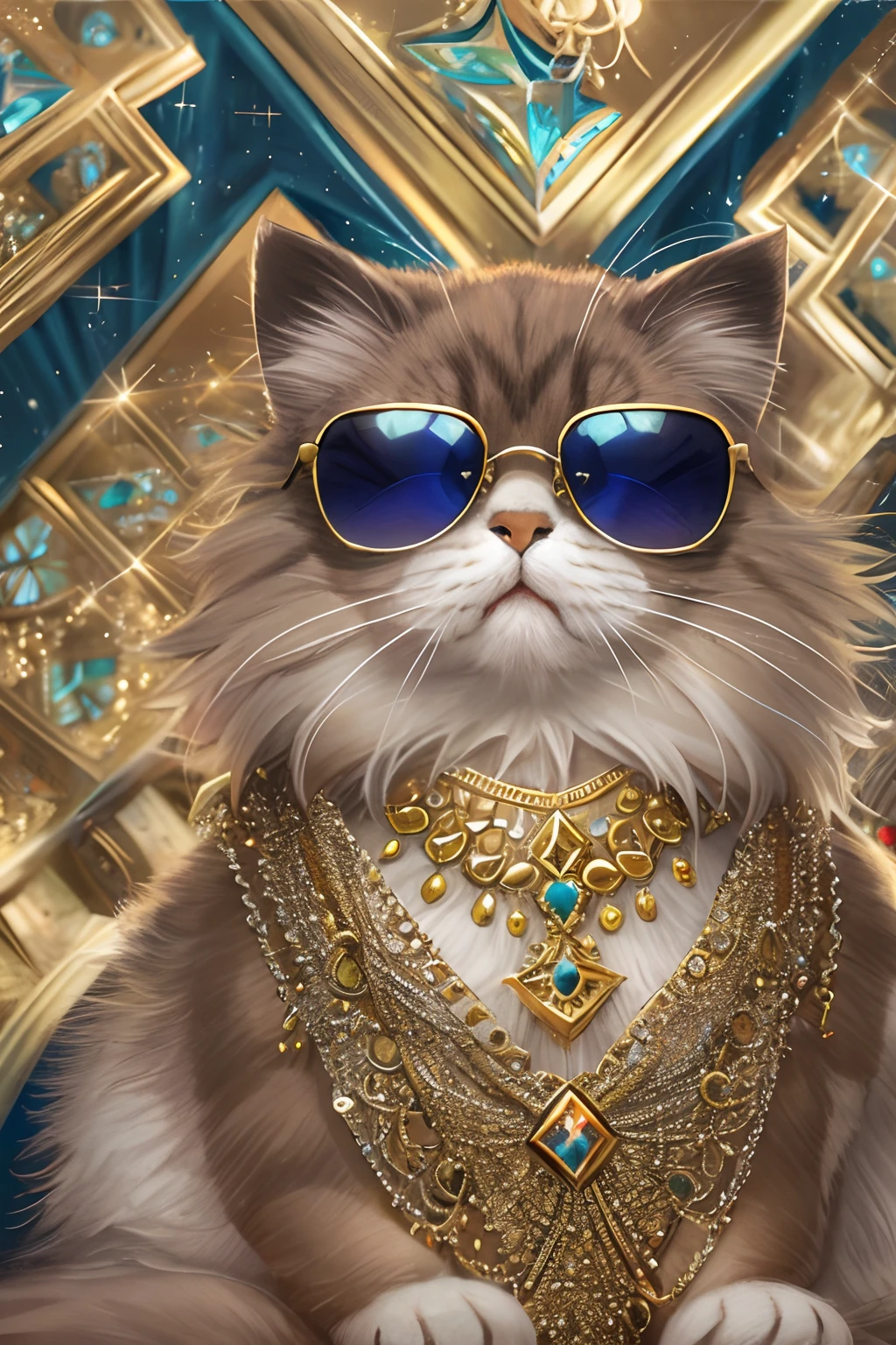 FashionMagCover,Anthropomorphic Persian cat, Fashion Persian cat, Dressed in a sparkling stage costume encrusted with precious stones,Slim figure, Gold accents,Glamour, stage lighting,Take photos at concerts, Inky sunglasses,rock star,Sparkling jewelry adorns Persian cats,8K, High quality, Masterpiece, Best quality, k hd, Extremely detailed, voluminetric lighting, Photorealistic