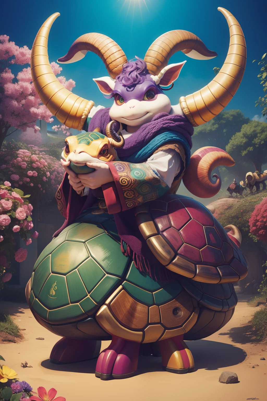 coils,Colorful colors,pecora,Two huge horns,anthropomorphic turtle