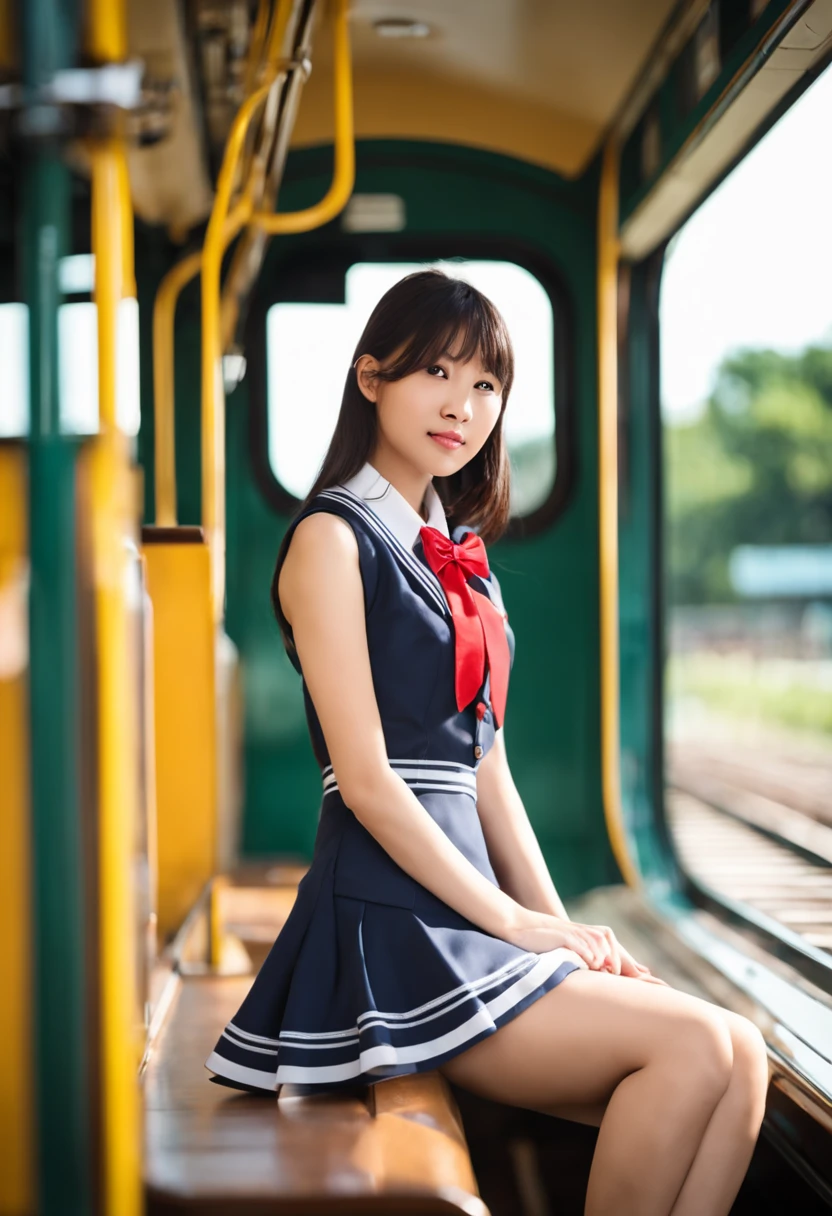 Low angle shot,arafed asian woman in a short skirt and bow tie sitting on a train, cute schoolgirl, japanese girl school uniform, wearing japanese school uniform, japanese school uniform, a hyperrealistic schoolgirl, dressed as schoolgirl, hyperrealistic schoolgirl, wearing school uniform, realistic schoolgirl, girl wearing uniform, wearing a school uniform, of a schoolgirl posing, full body, nice skin, glowing skin, nice thighs,glowing thigh, glowing legs.(open leg1.5).