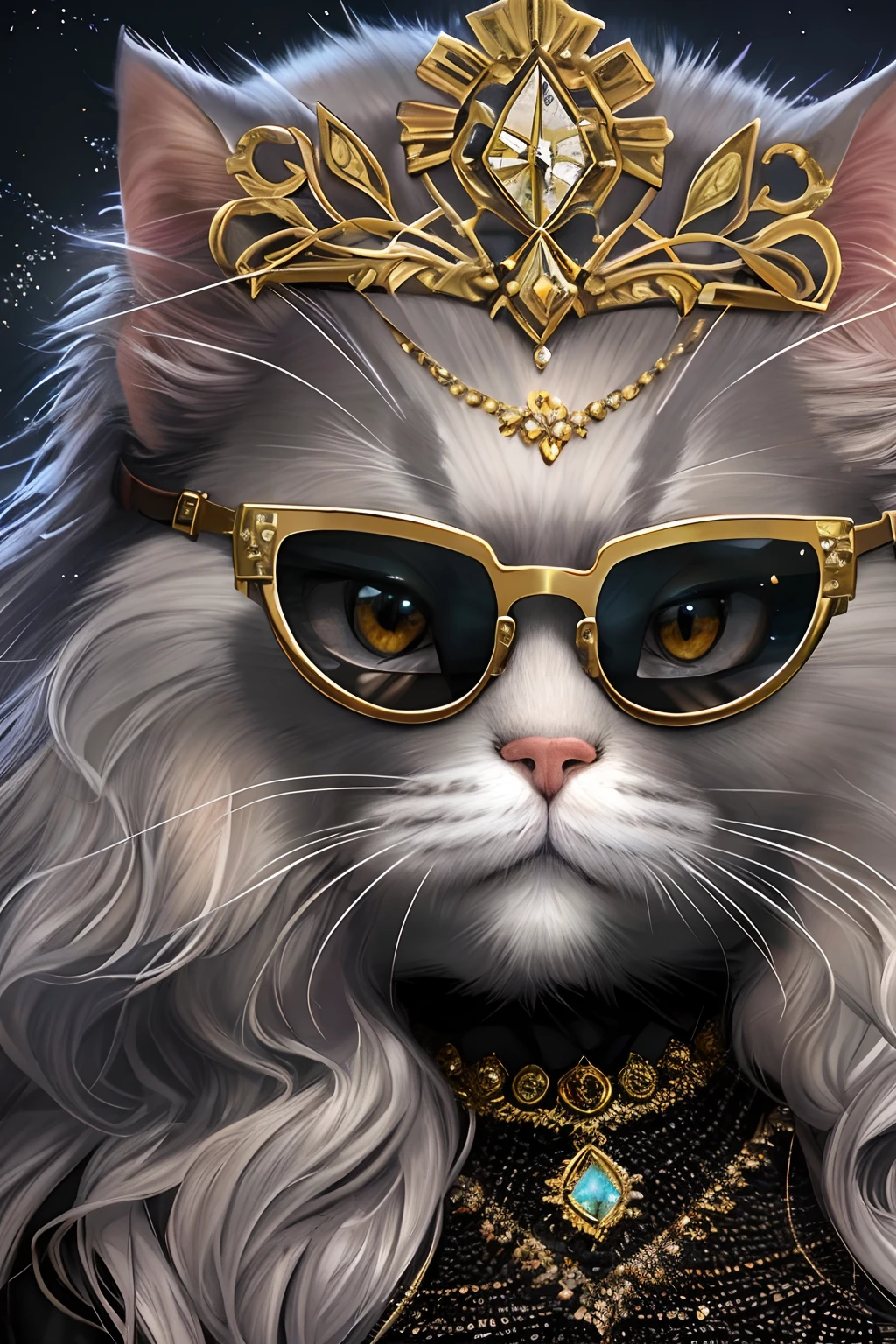 FashionMagCover,Anthropomorphic Persian cat, Fashion Persian cat, Dressed in a sparkling black uniform encrusted with precious stones,Slim figure, Gold accents,Glamour, stage lighting,Take photos at concerts, Inky sunglasses,rock star,Sparkling jewelry adorns Persian cats,8K, High quality, Masterpiece, Best quality, k hd, Extremely detailed, voluminetric lighting, Photorealistic